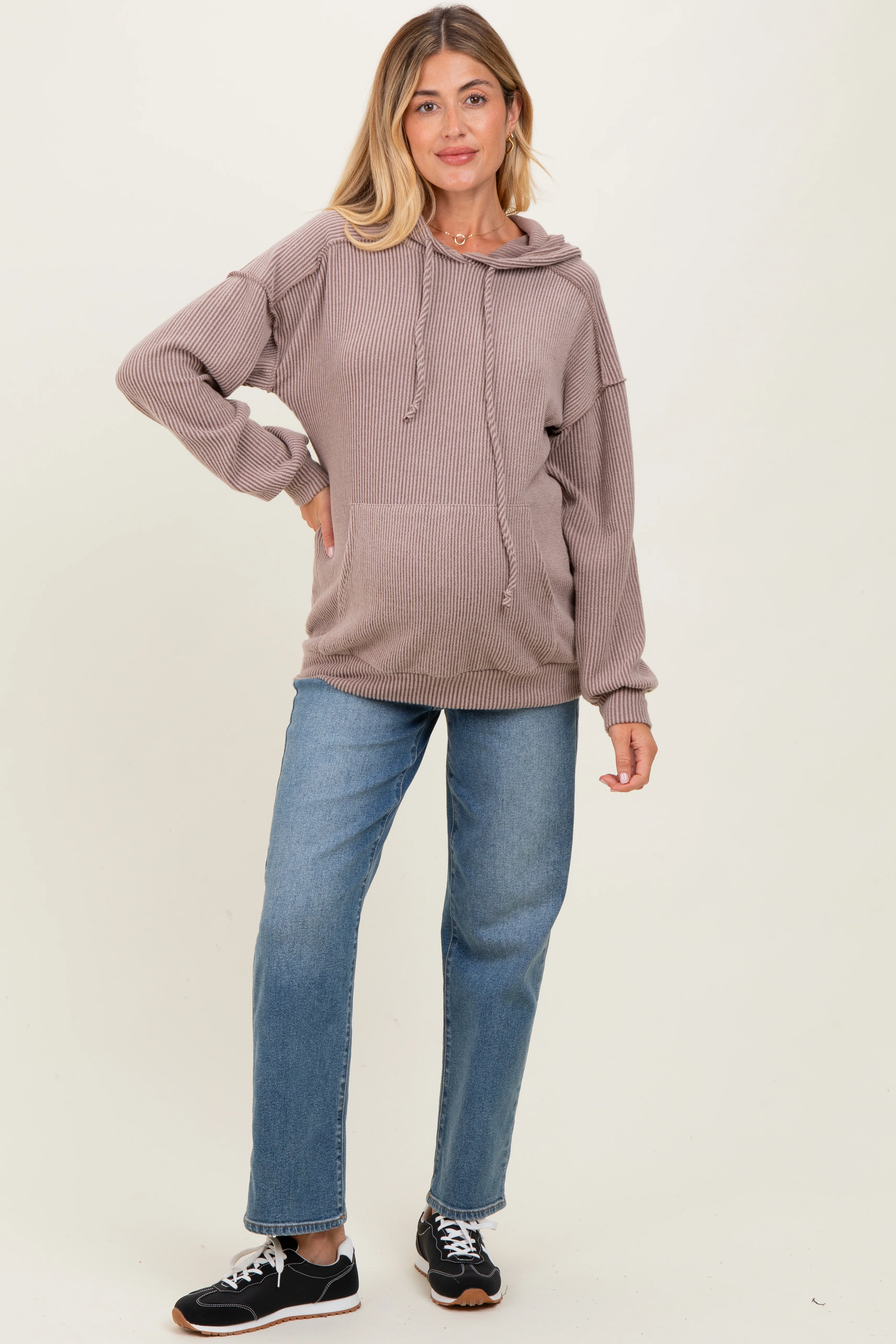 Mocha Long Sleeve Brushed Urban Rib Maternity Hoodie Top - Image 2