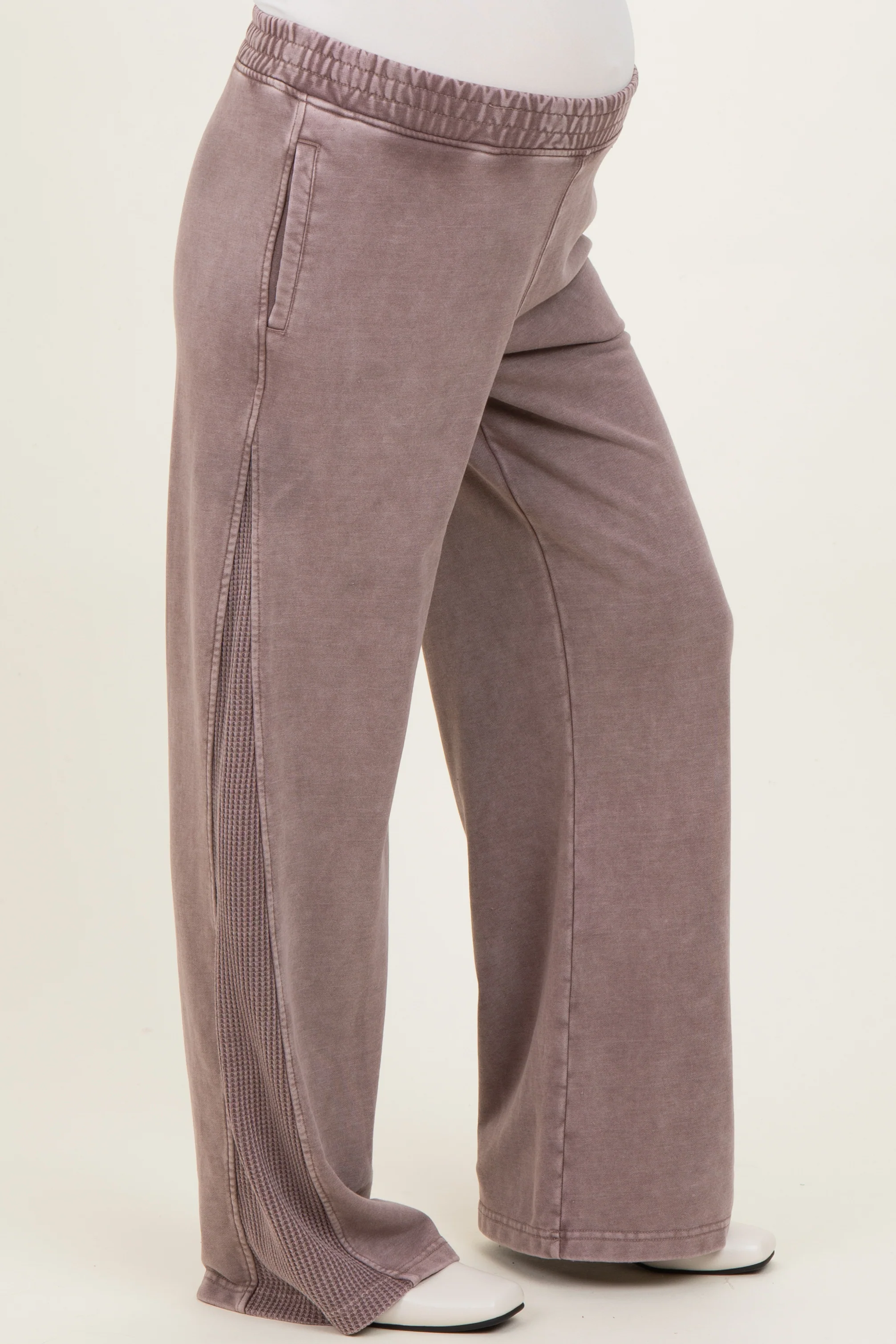 Mocha Mineral Wash Waffle Knit Contrast Maternity Lounge Pants - Image 4