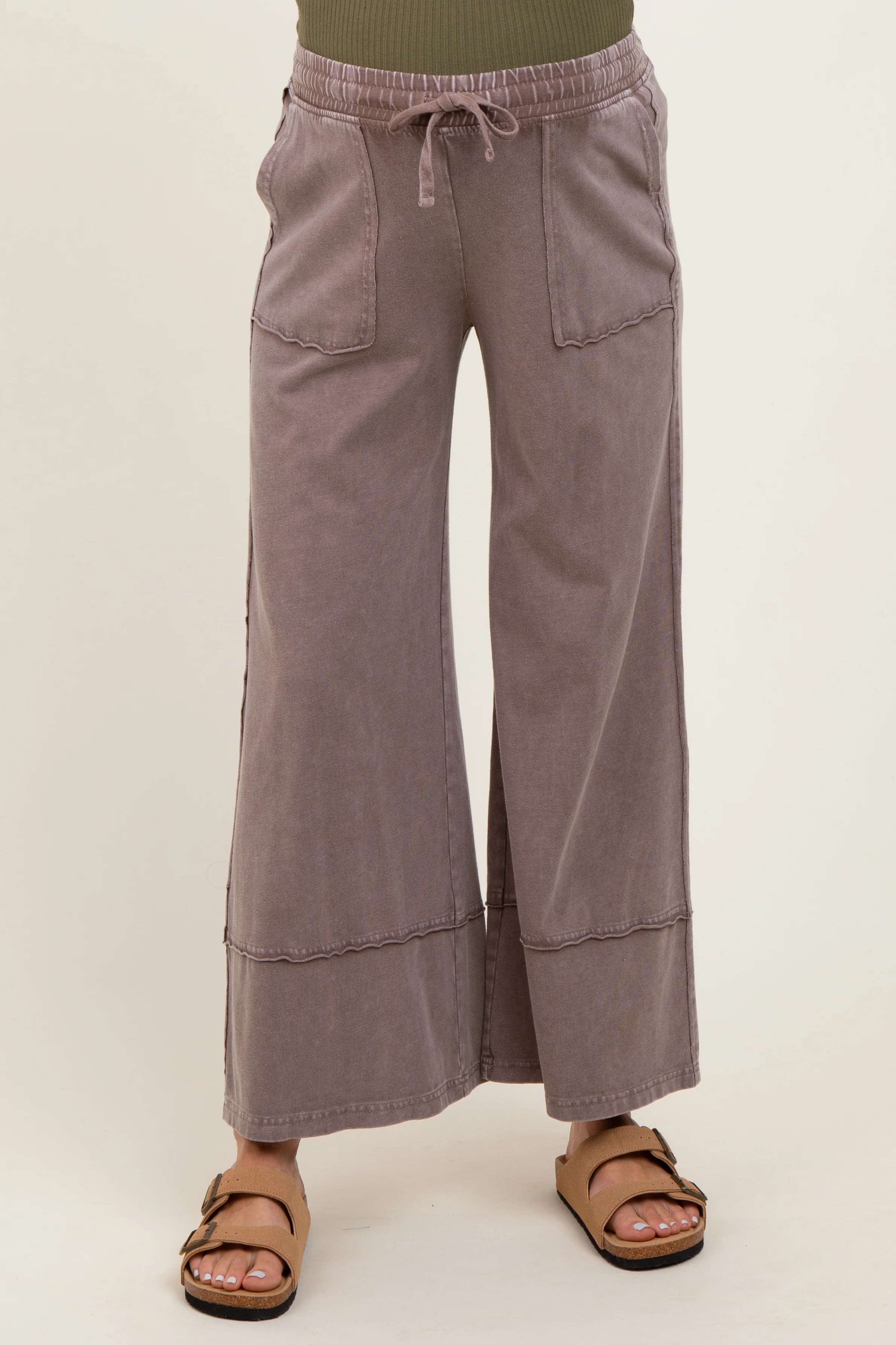 Mocha Mineral Wash Wide Leg Ankle Maternity Pants - Image 2