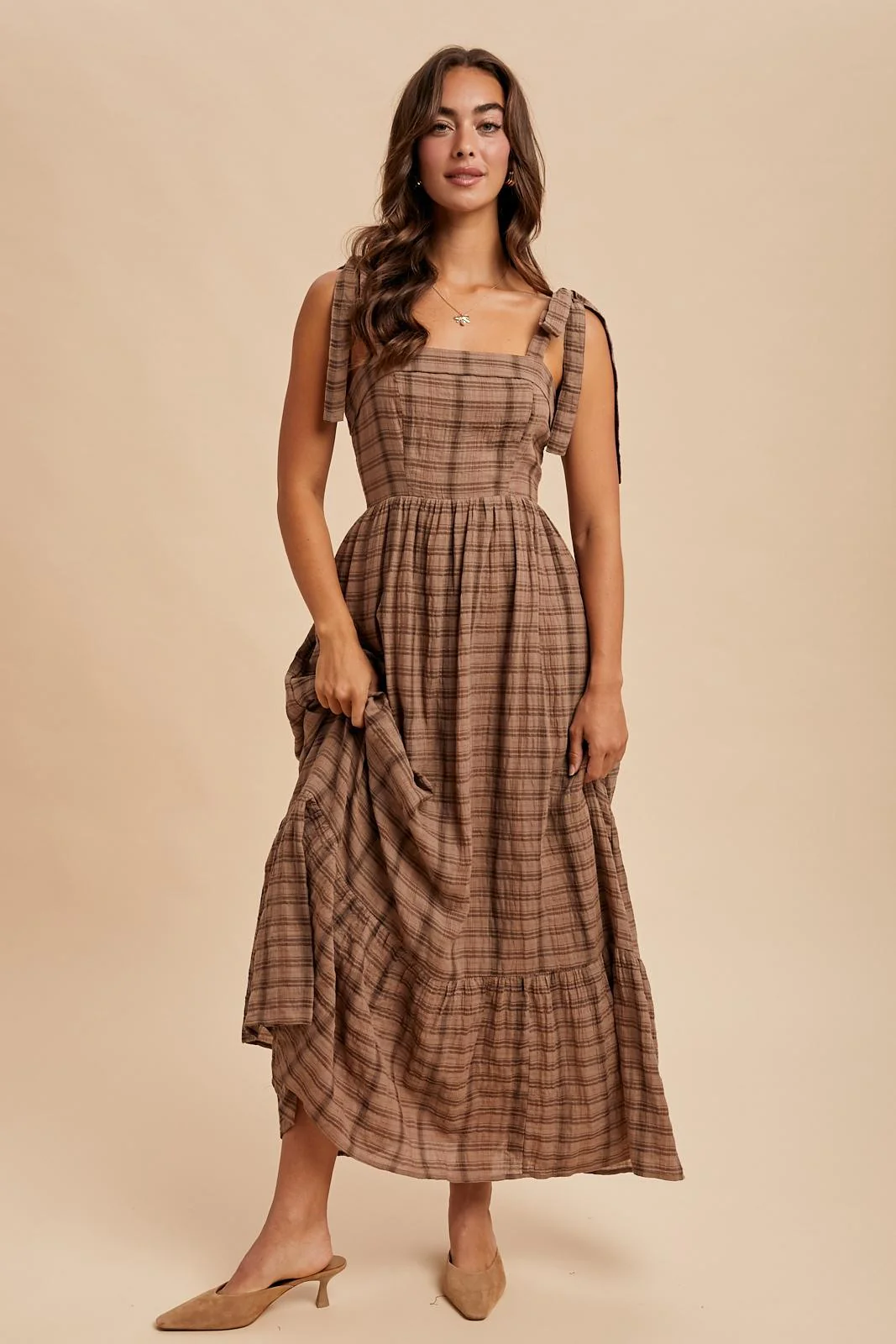 Mocha Plaid Sleeveless Cotton Maxi Dress
