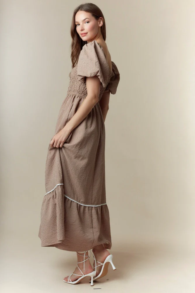 Mocha Plaid Smocked Puff Sleeve Maxi Dress - Image 3
