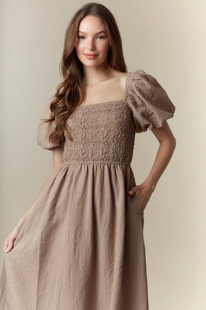 Mocha Plaid Smocked Puff Sleeve Maxi Dress - Image 6