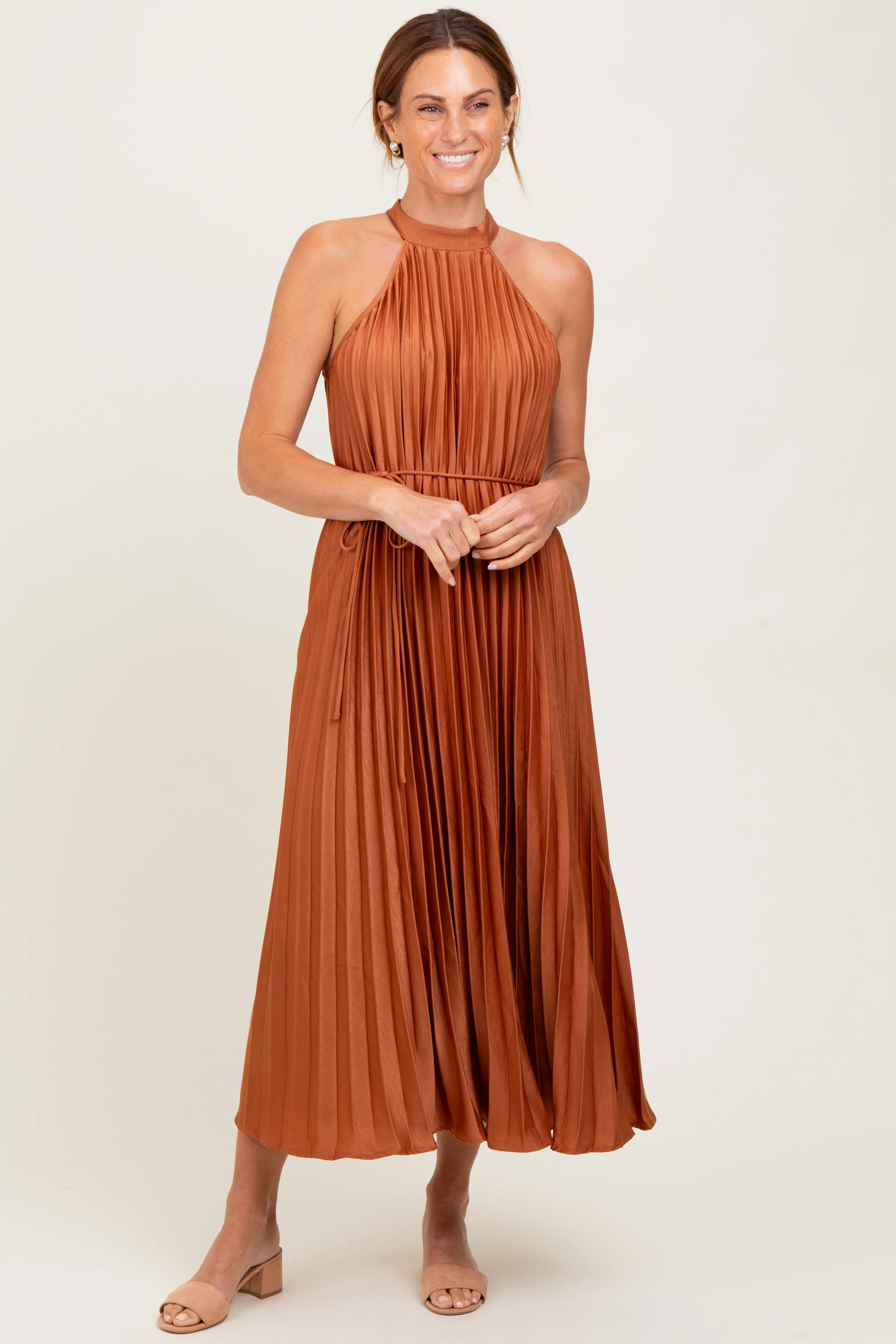 Mocha Pleated Halter Dress - Image 2