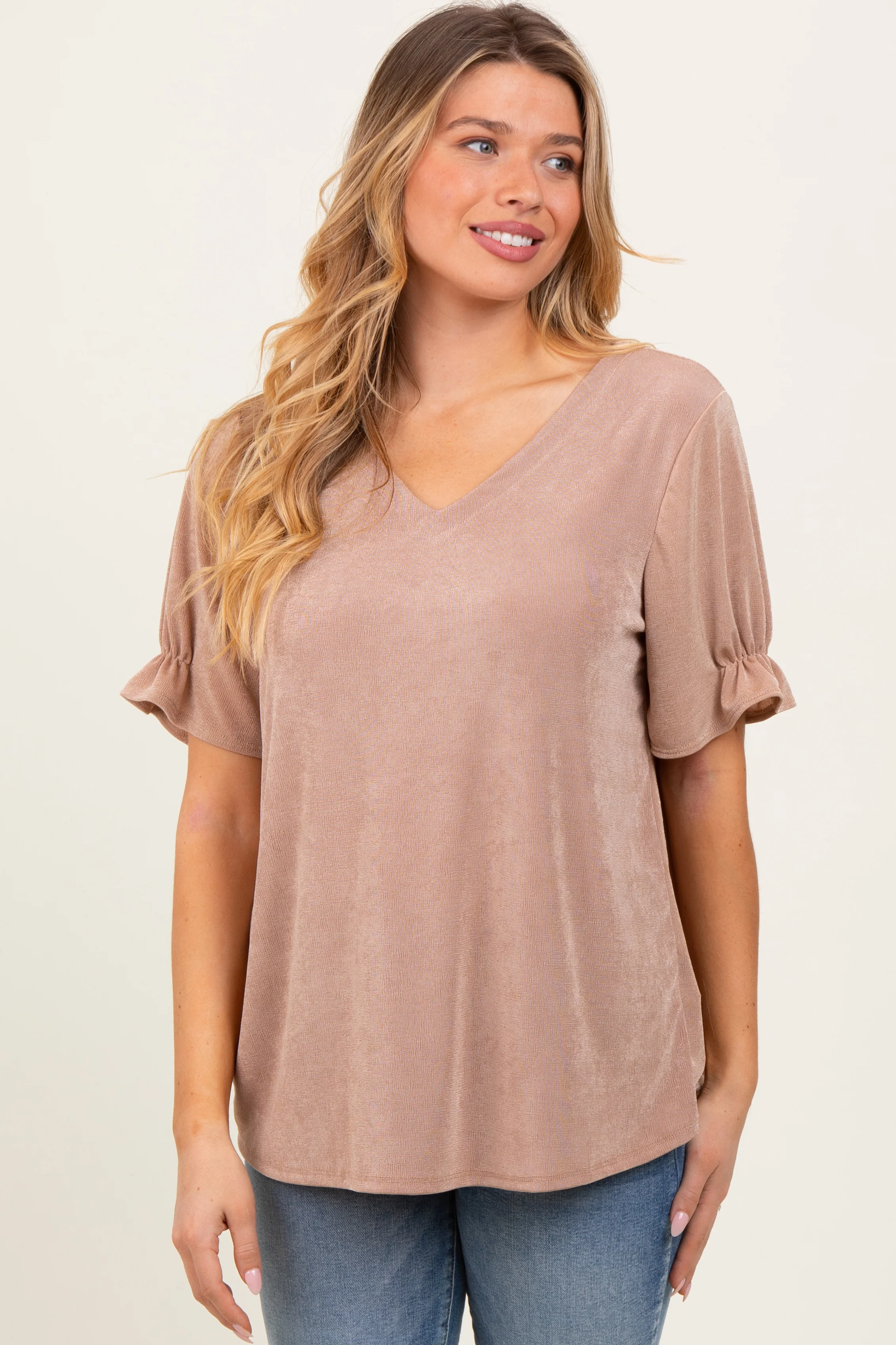 Mocha Relaxed Ruffle Detail Short Sleeve Top - Image 2