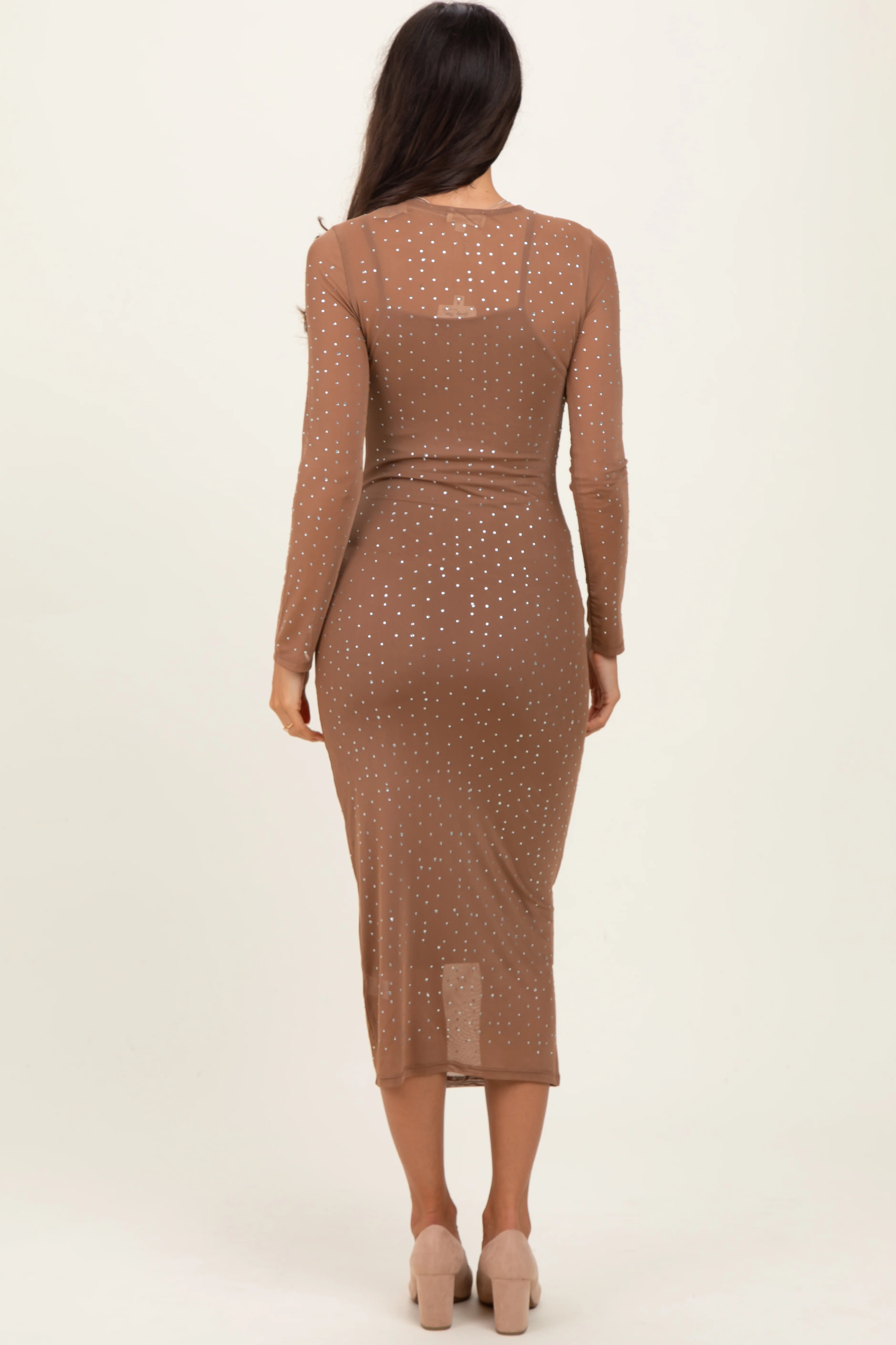 Mocha Rhinestone Mesh Long Sleeve Midi Dress - Image 3