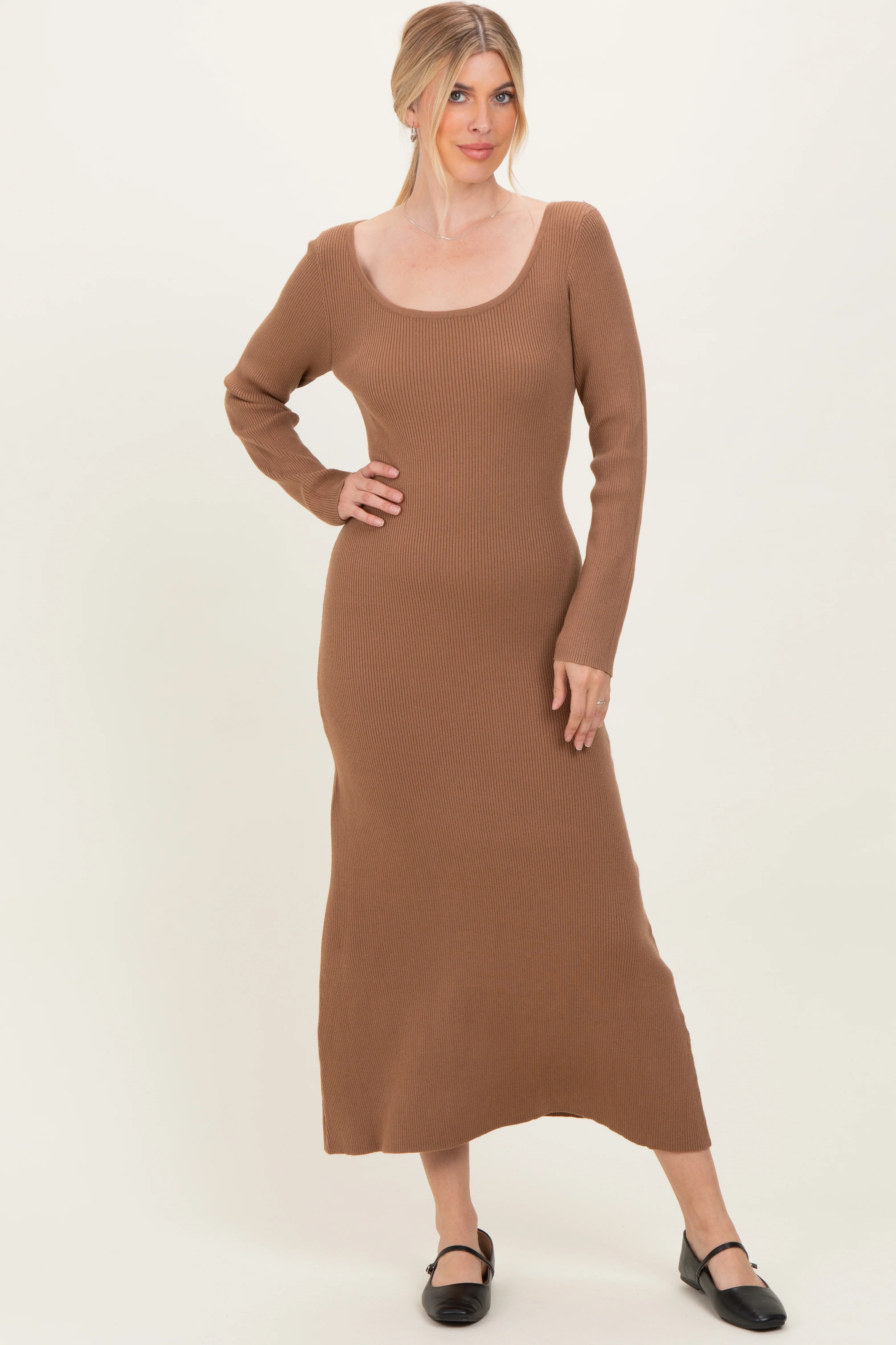 Mocha Rib Knit Back Cutout Maternity Midi Dress - Image 5