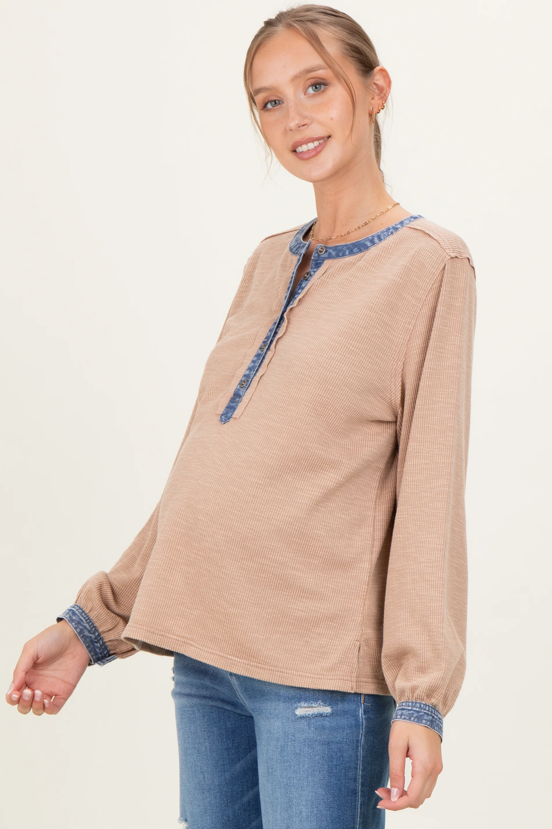 Mocha Rib Knit Casual Maternity Henley Top - Image 3