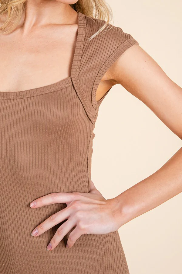 Mocha Ribbed Cap Sleeve Cutout Midi Dress - Image 5