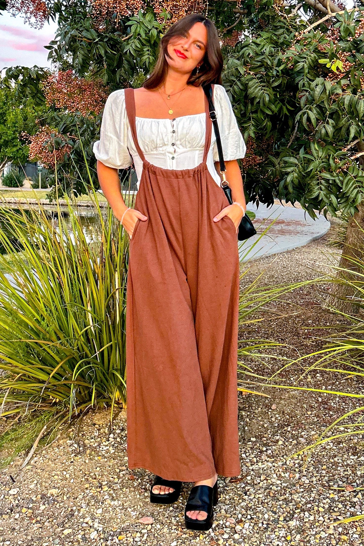 Mocha Ribbed Drawstring Wide Leg Maternity Jumpsuit - Image 4