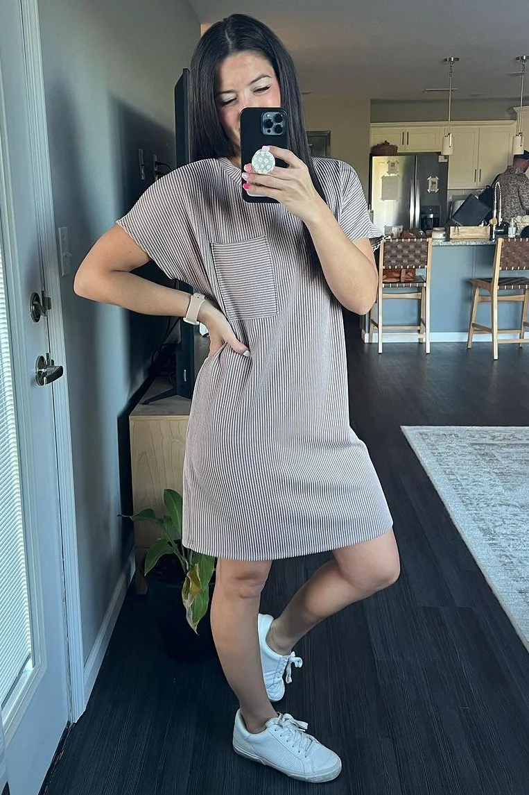 Mocha Ribbed Front Pocket Dolman Short Sleeve Dress - Image 6