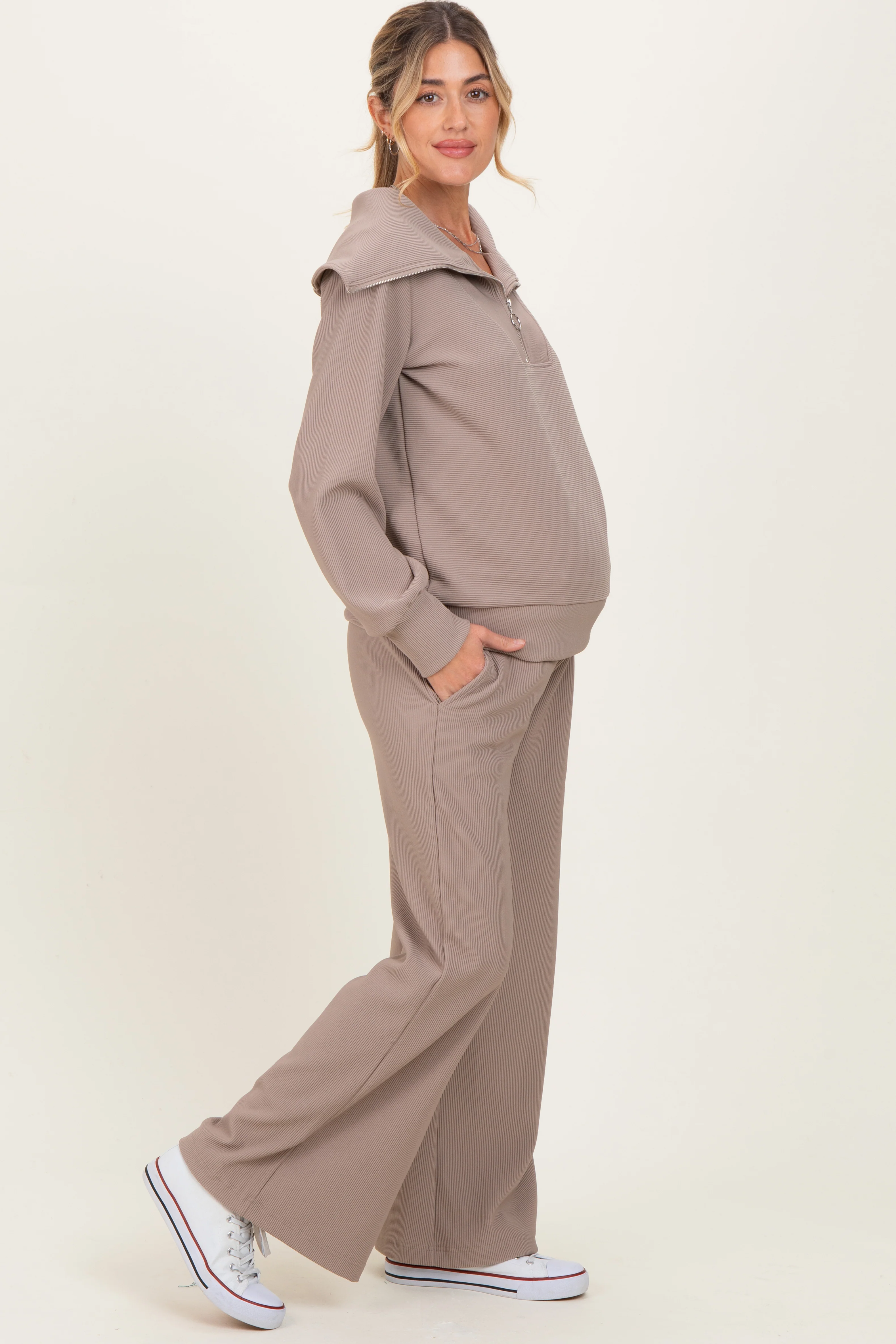 Mocha Ribbed Half Zip Pullover Wide Leg Pant Maternity Set - Image 3