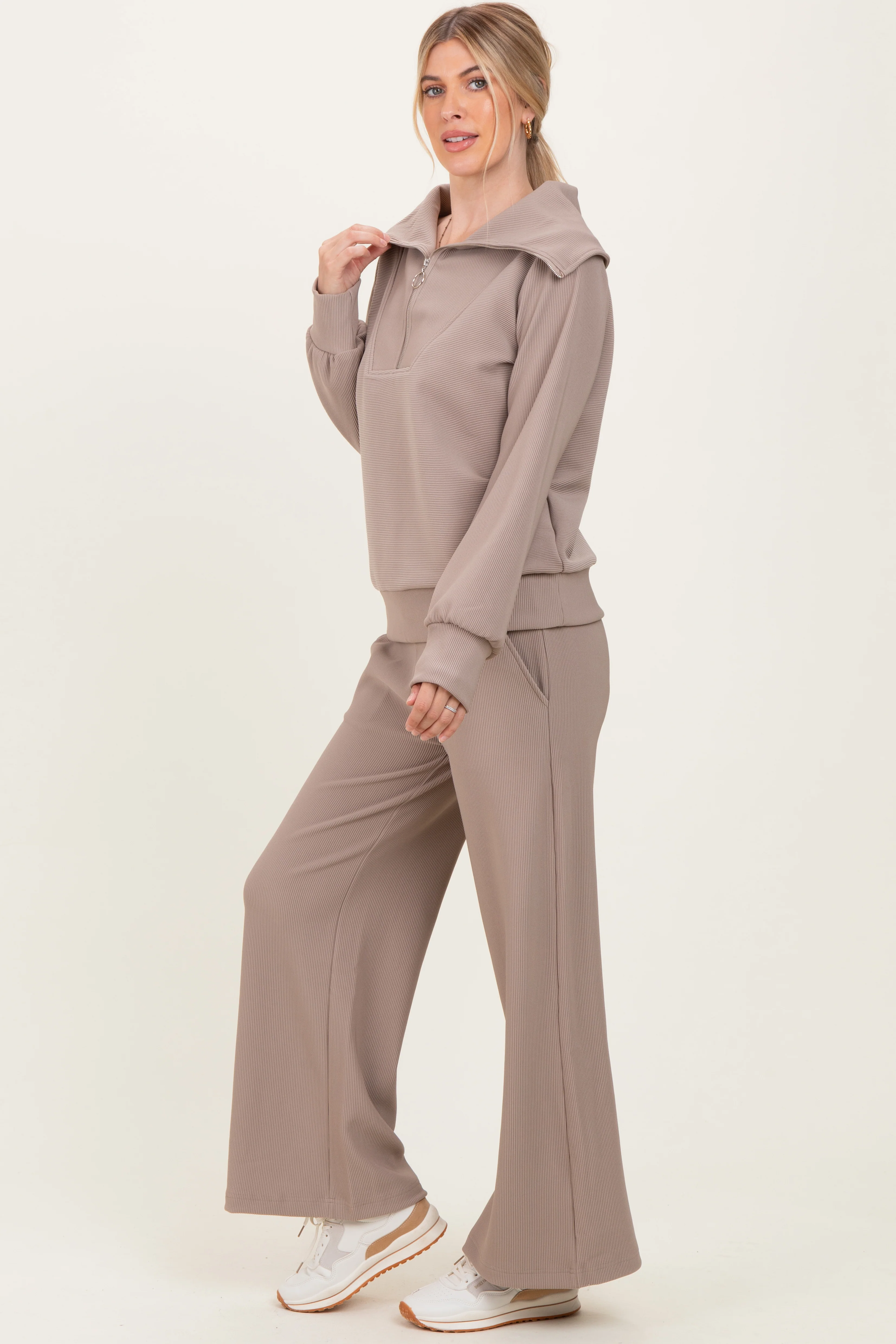 Mocha Ribbed Half Zip Pullover Wide Leg Pant Set - Image 3