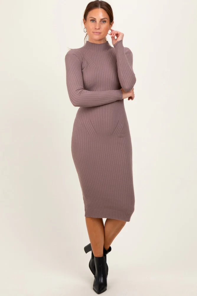 Mocha Ribbed Knit Mock Neck Long Sleeve Midi Dress - Image 2