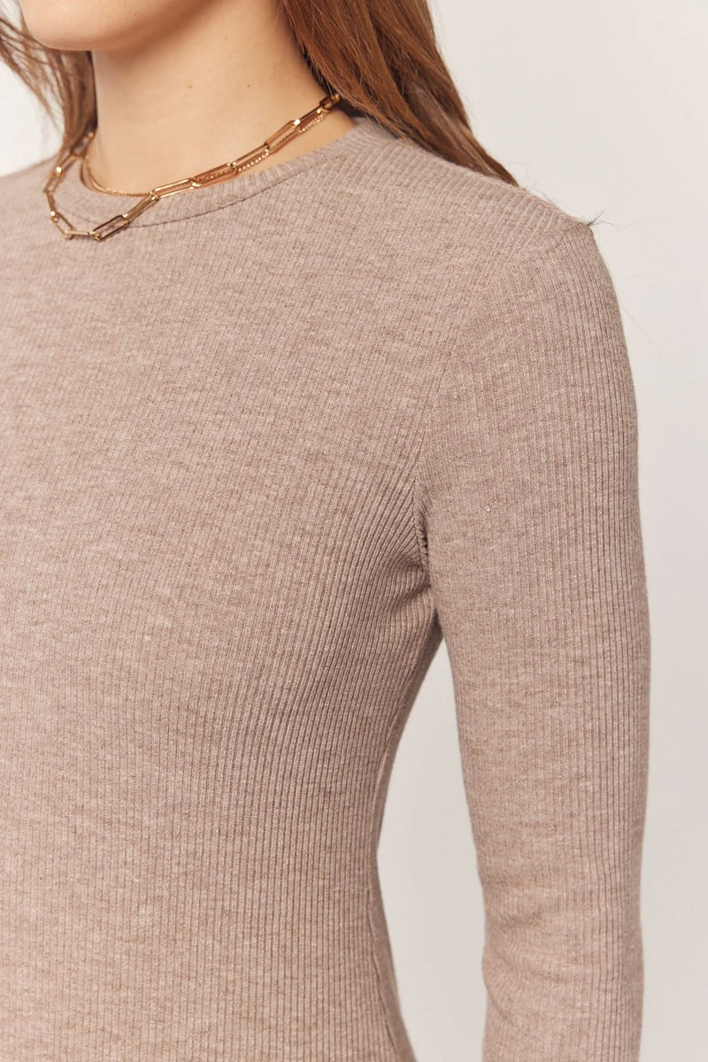 Mocha Ribbed Knit Side Slit Midi Dress - Image 4