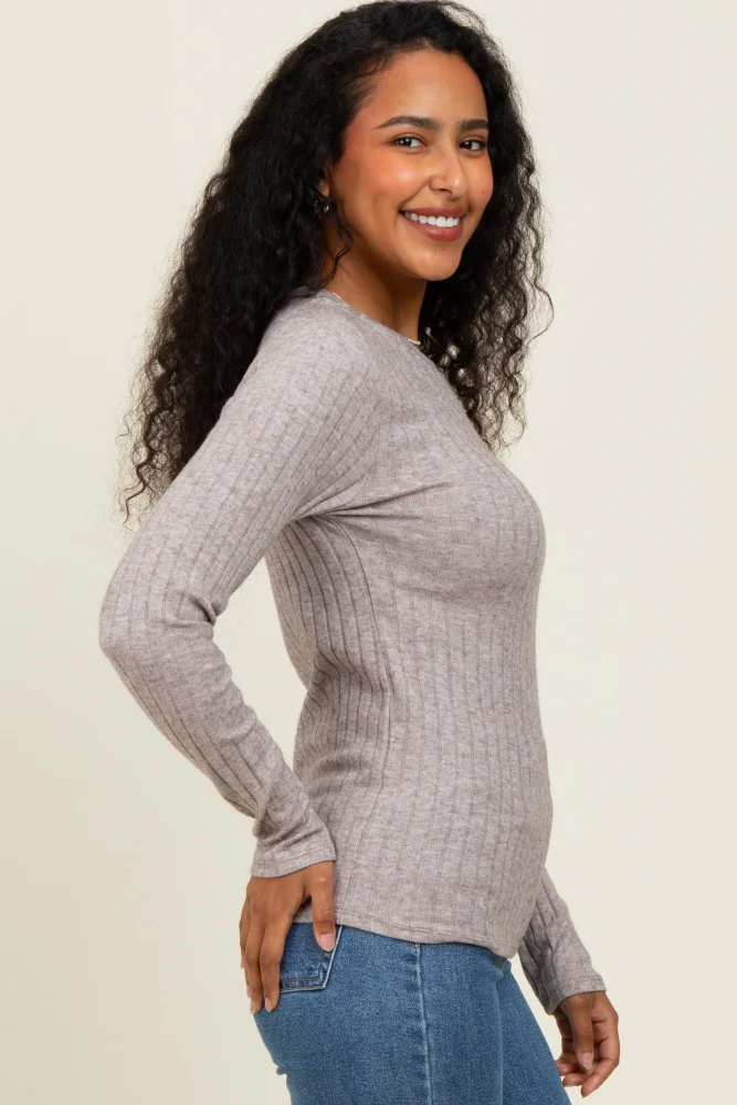 Mocha Ribbed Long Sleeve Top - Image 3