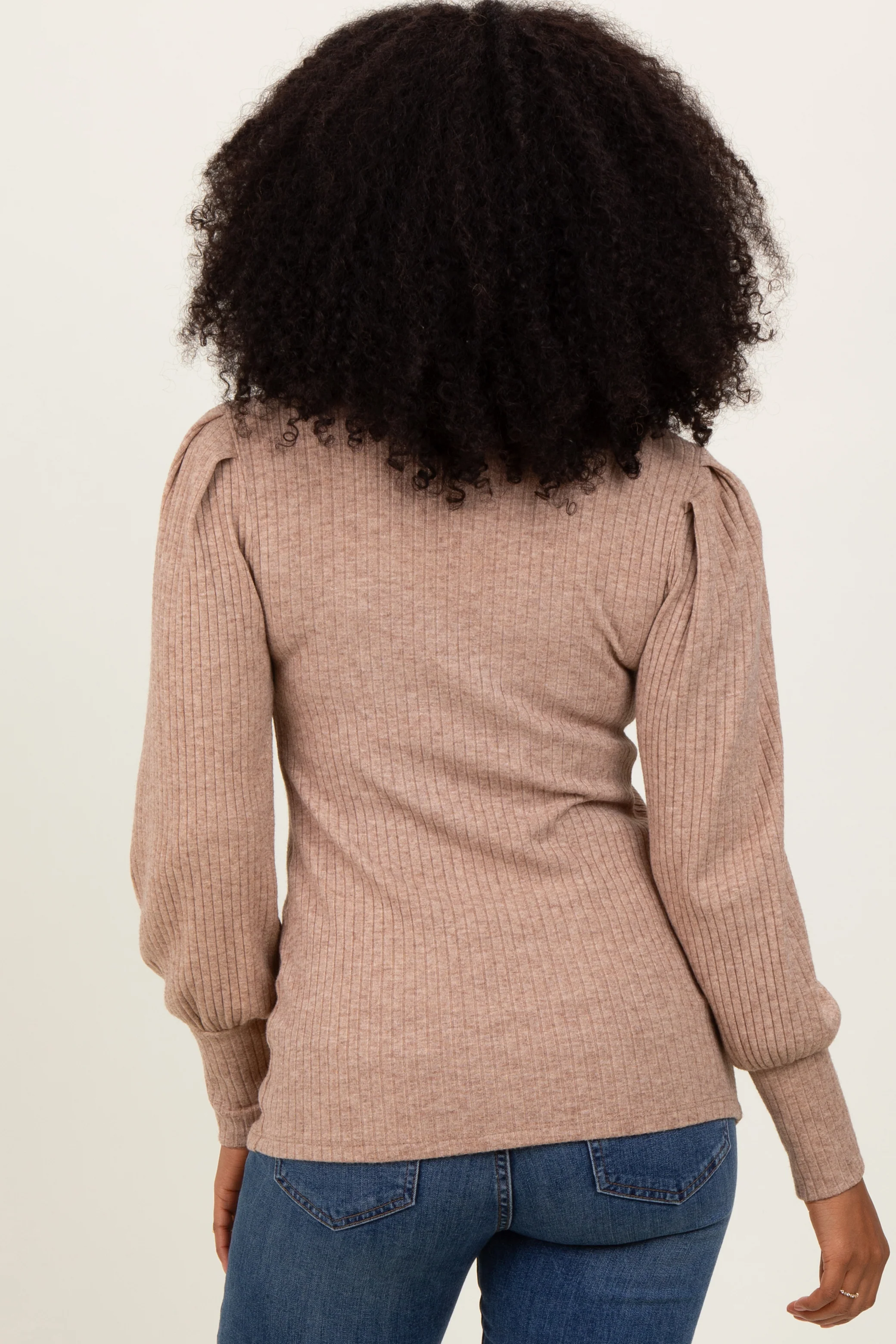 Mocha Ribbed Mock Neck Bubble Sleeve Top - Image 4