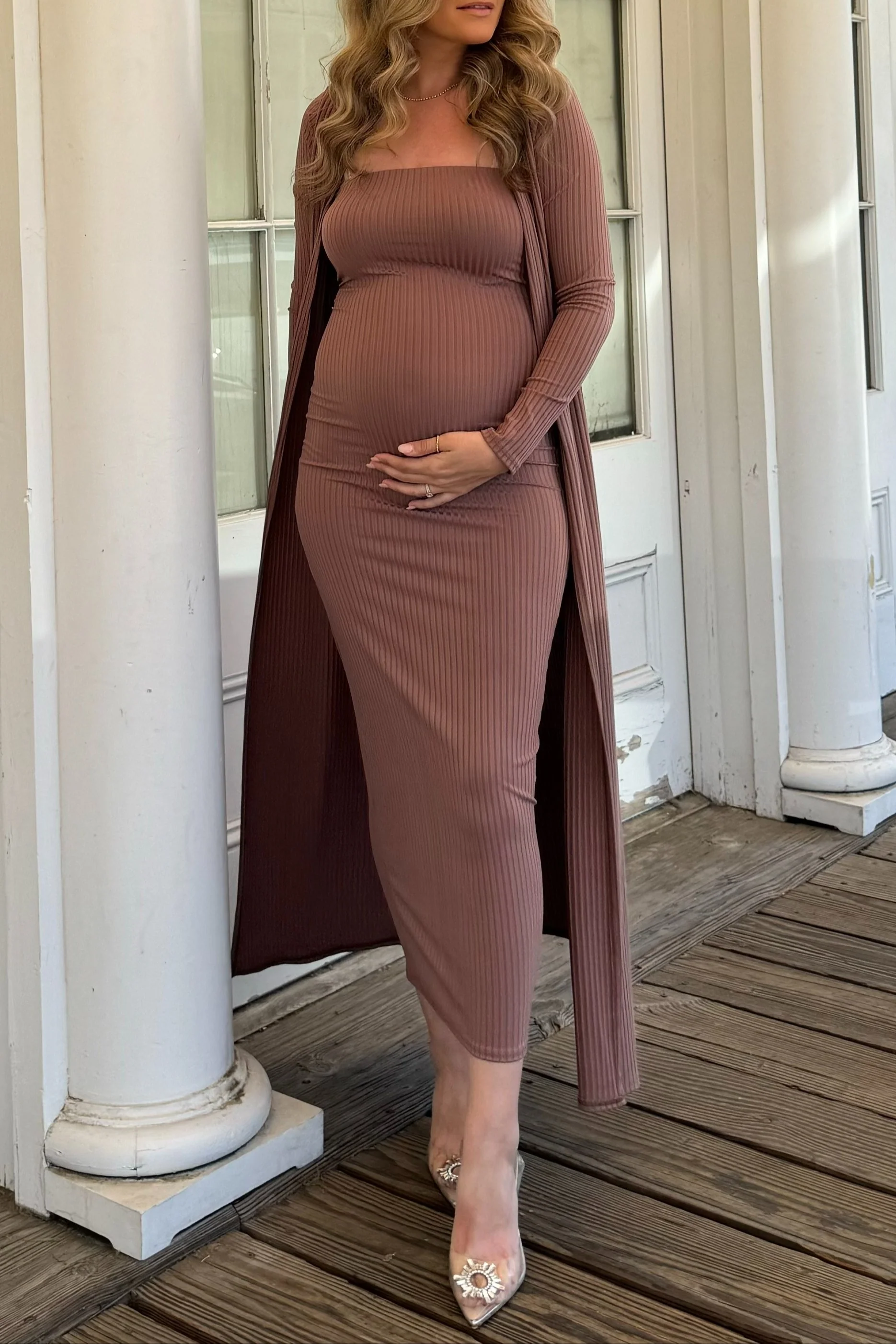 Mocha Ribbed Sleeveless Dress Cardigan Maternity Set - Image 17