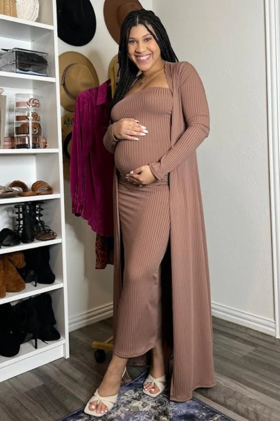 Mocha Ribbed Sleeveless Dress Cardigan Maternity Set - Image 28