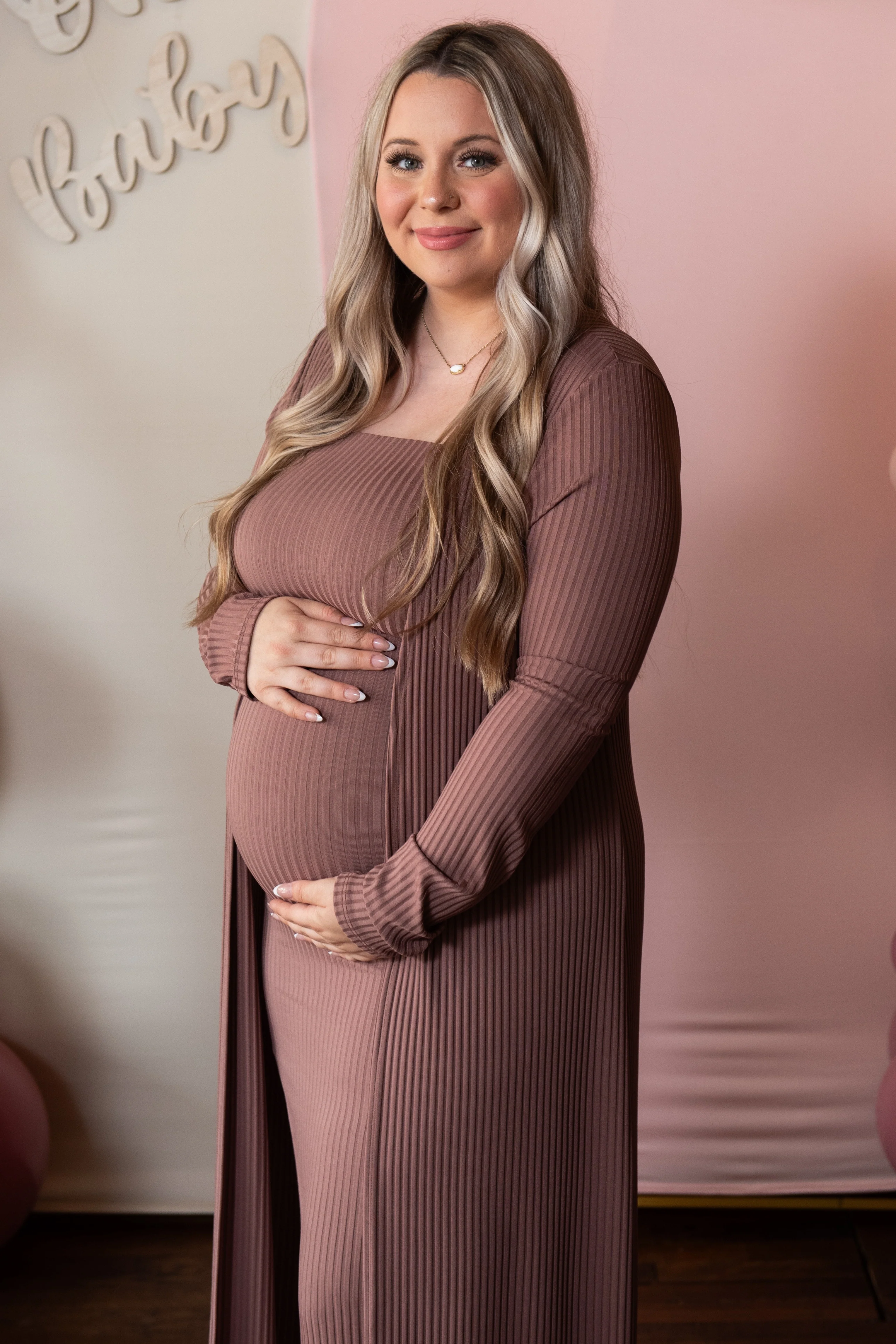 Mocha Ribbed Sleeveless Dress Cardigan Maternity Set - Image 33