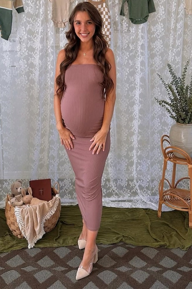 Mocha Ribbed Sleeveless Dress Cardigan Maternity Set - Image 38