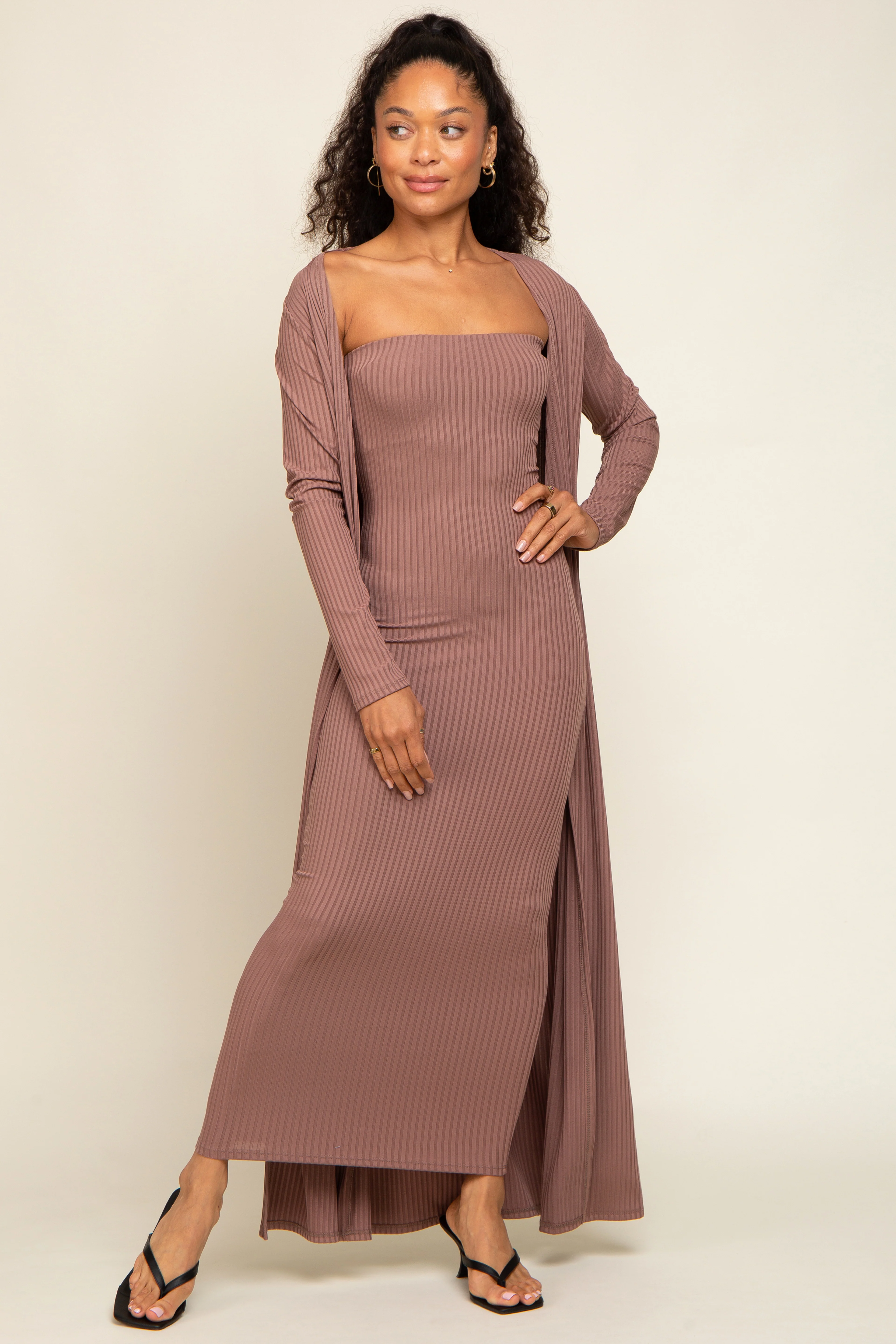 Mocha Ribbed Sleeveless Dress Cardigan Maternity Set - Image 41