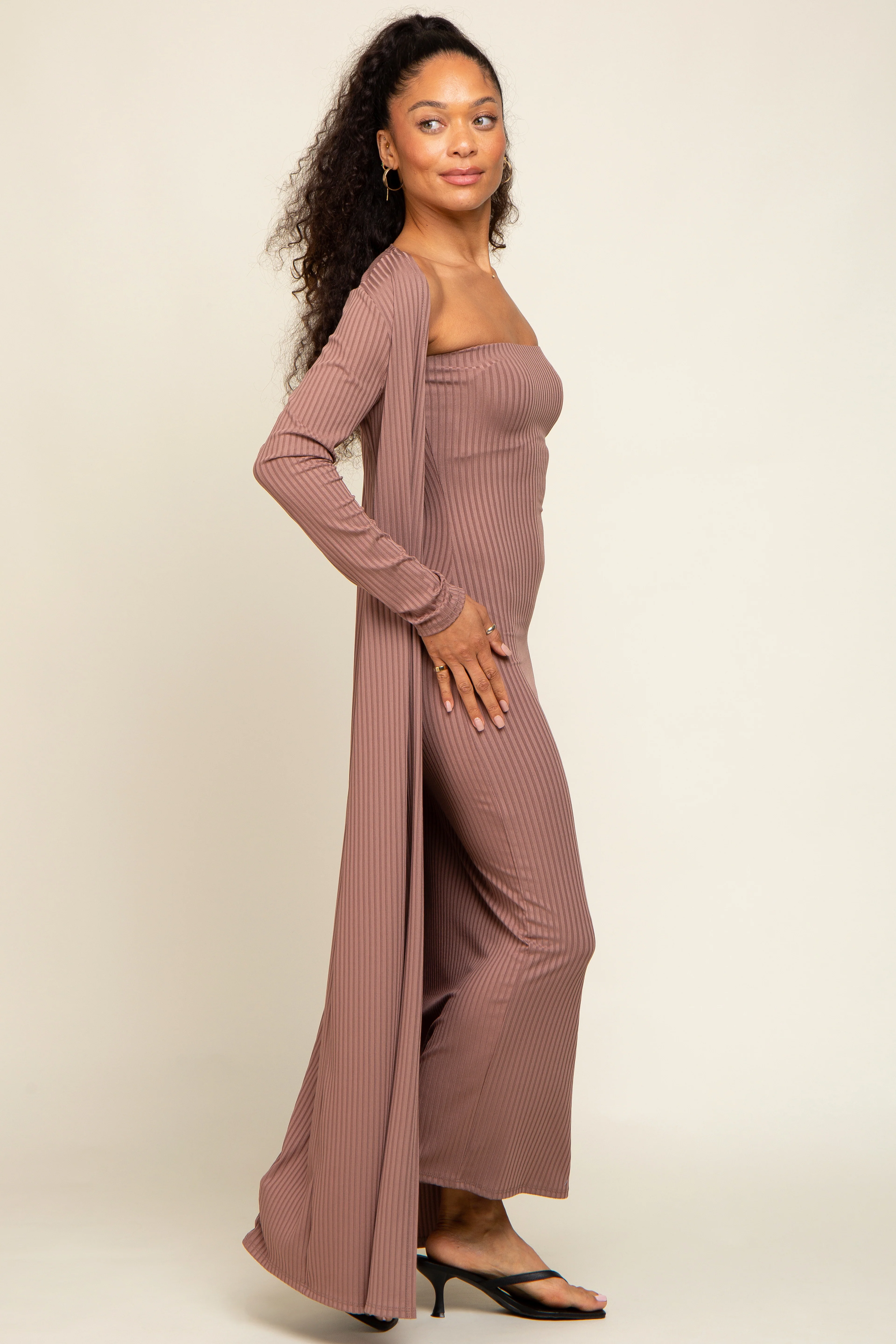 Mocha Ribbed Sleeveless Dress Cardigan Set - Image 2