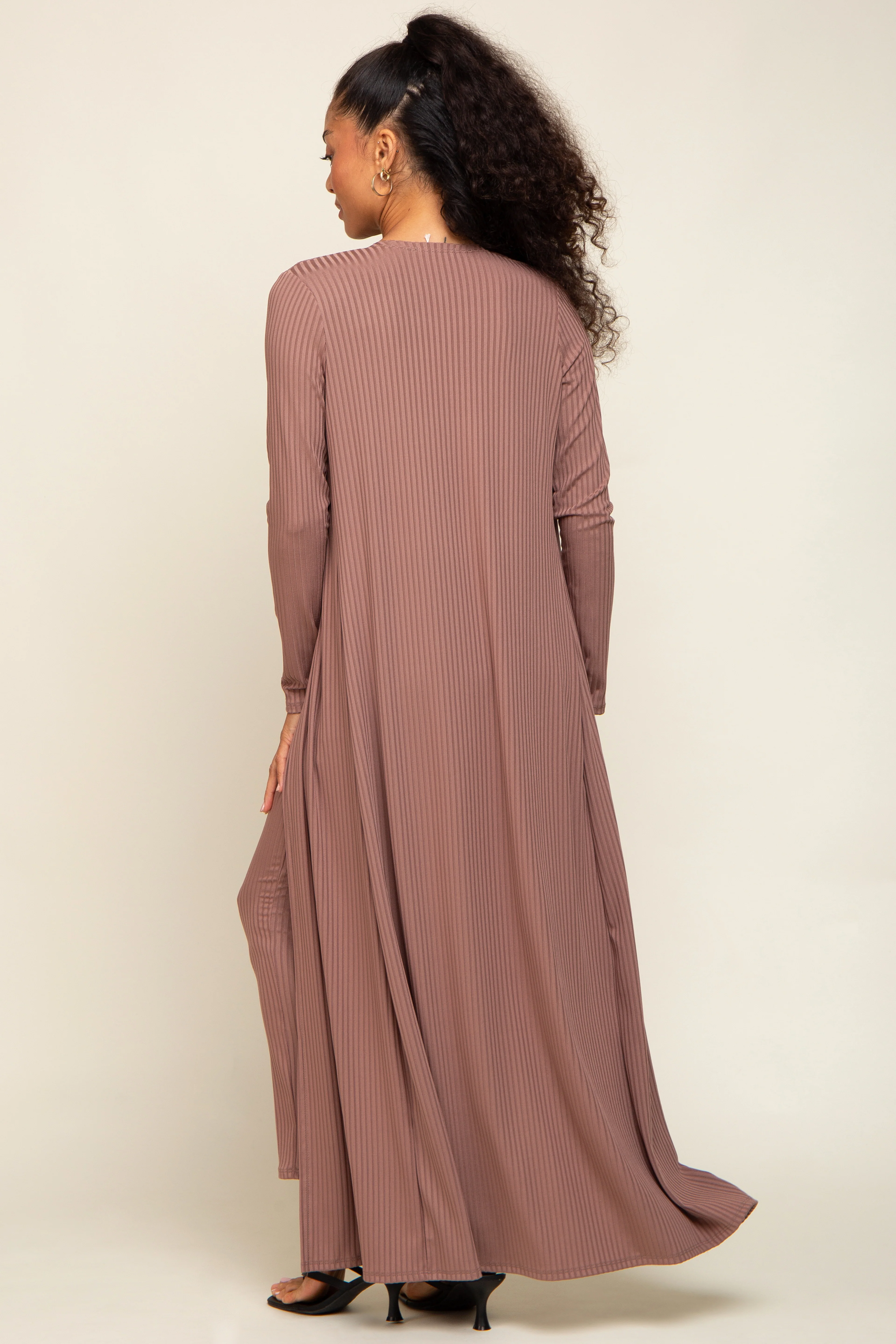 Mocha Ribbed Sleeveless Dress Cardigan Set - Image 3