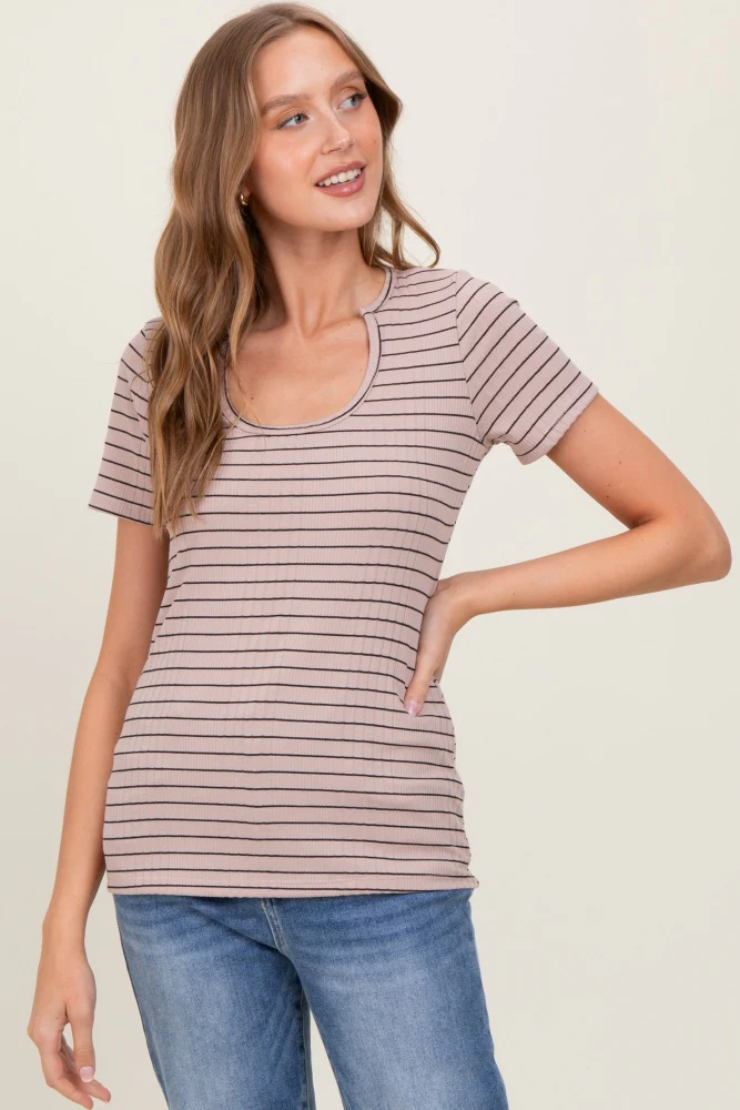 Mocha Ribbed Striped Short Sleeve Maternity Top - Image 5