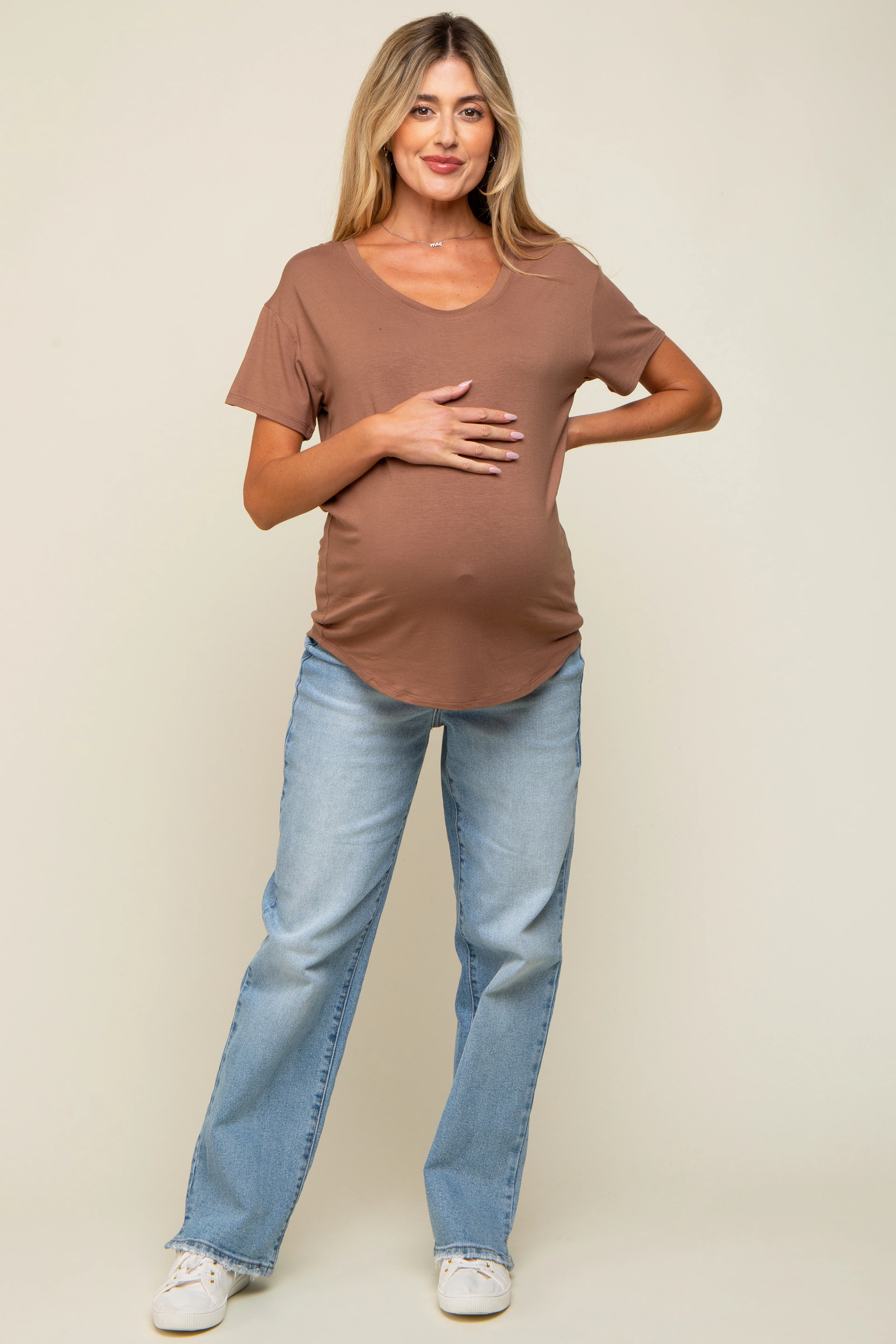 Mocha Scoop Neck Basic Maternity Tee - Image 4