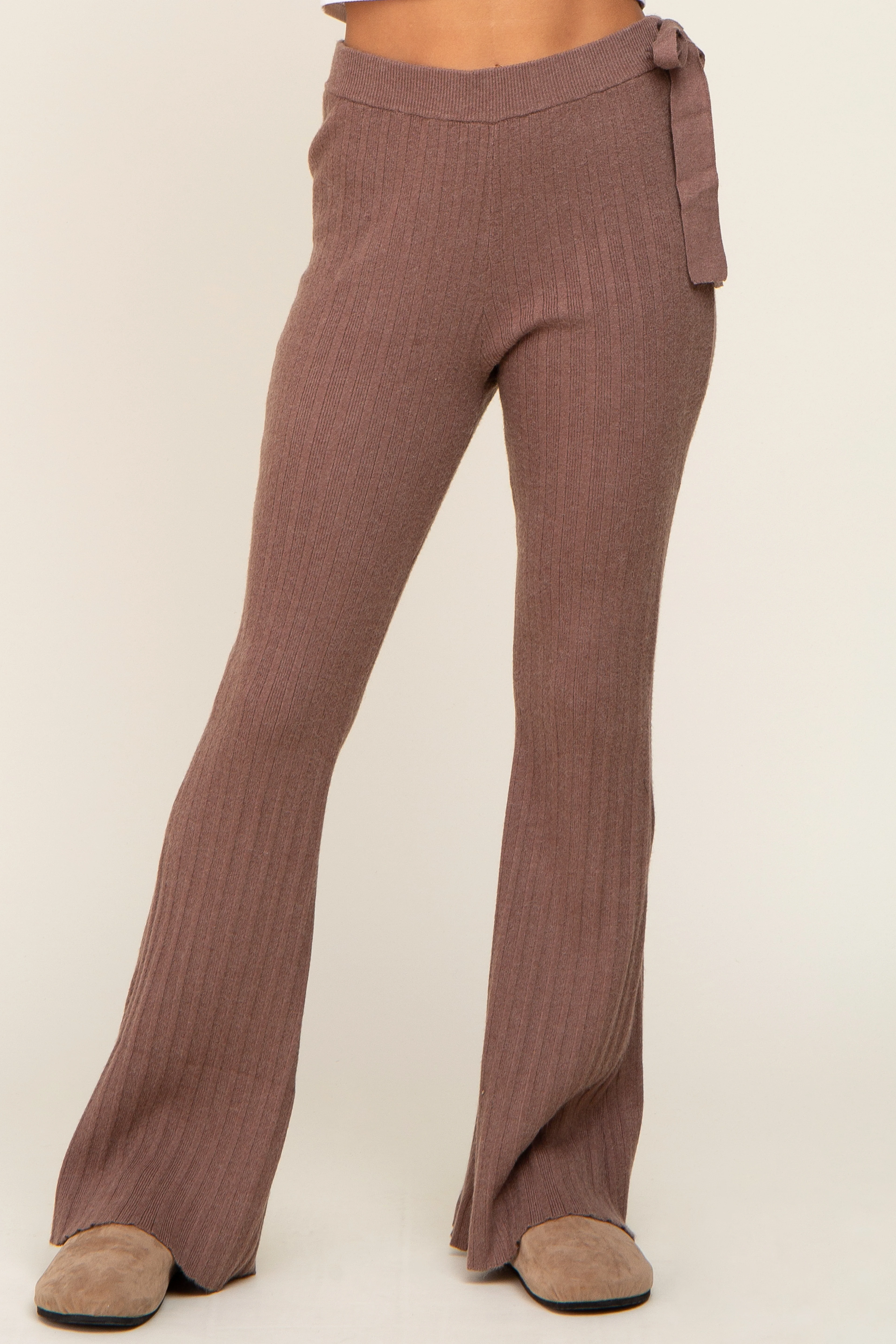 Mocha Side Tie Flare Knit Pants - Image 3