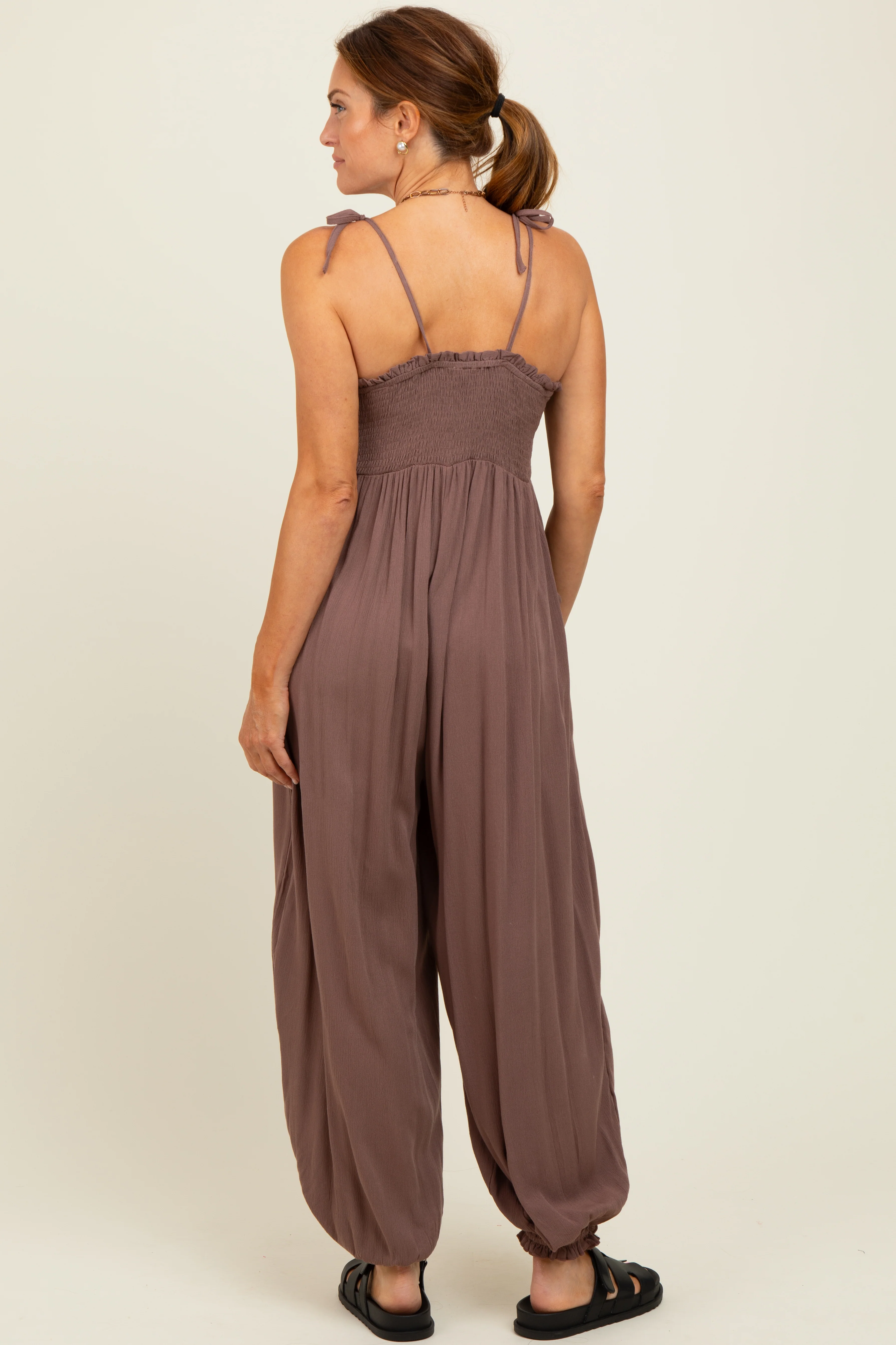 Mocha Smocked Button Front Shoulder Tie Jumpsuit - Image 4