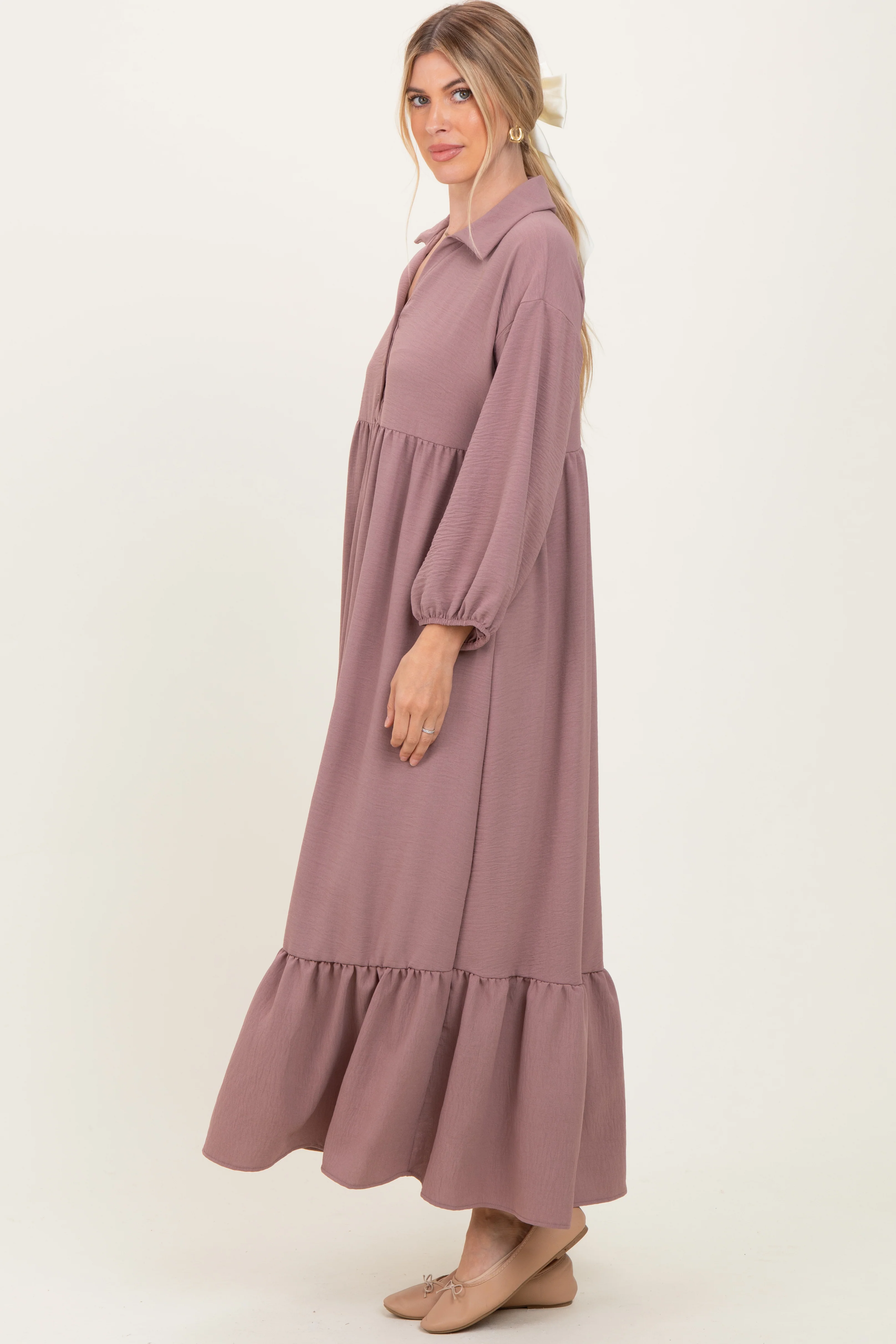 Mocha Solid Long Sleeve Button Down Tiered Collared Dress - Image 3