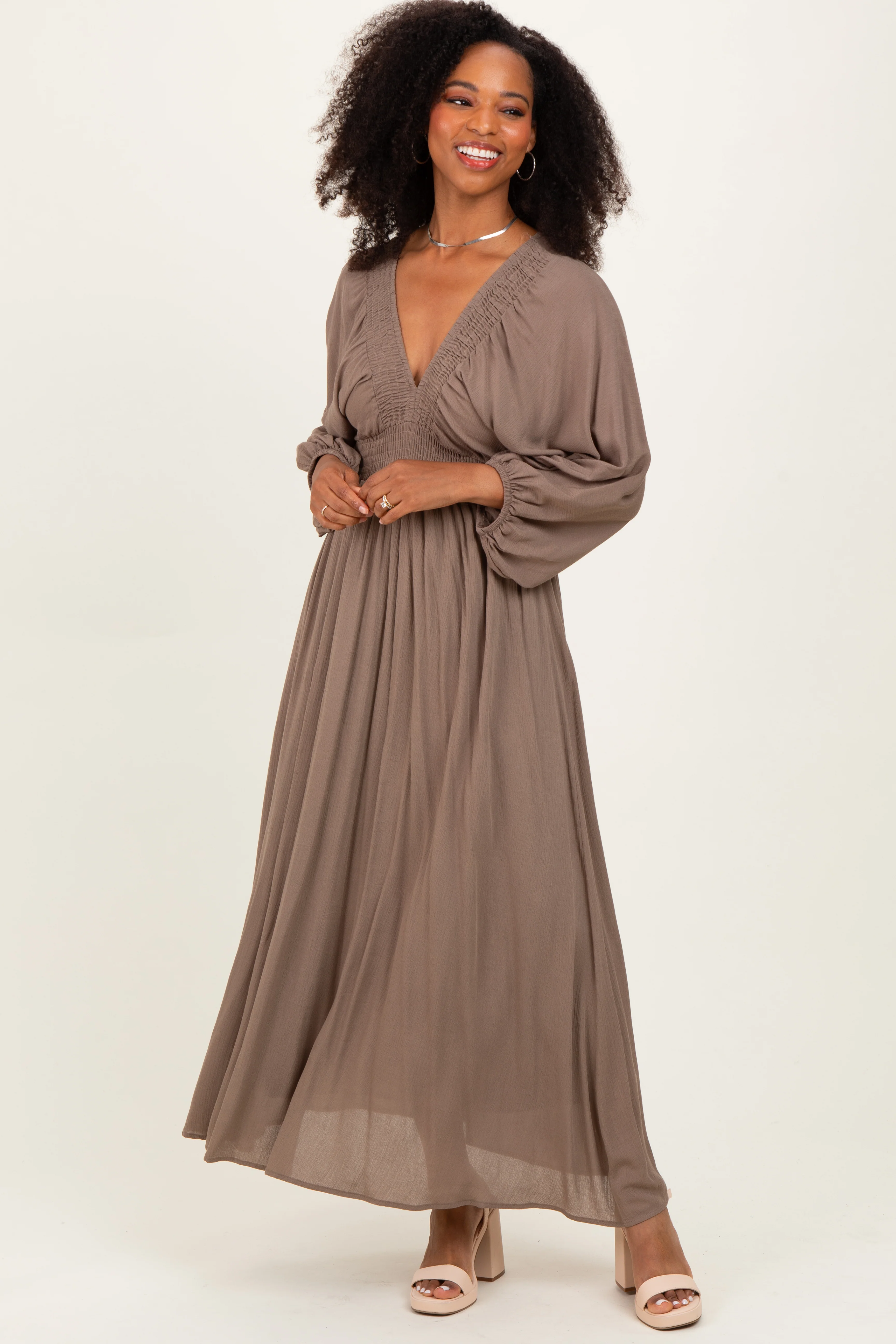 Mocha Solid Long Sleeve V-Neck Smocked Detail Maternity Maxi Dress - Image 3