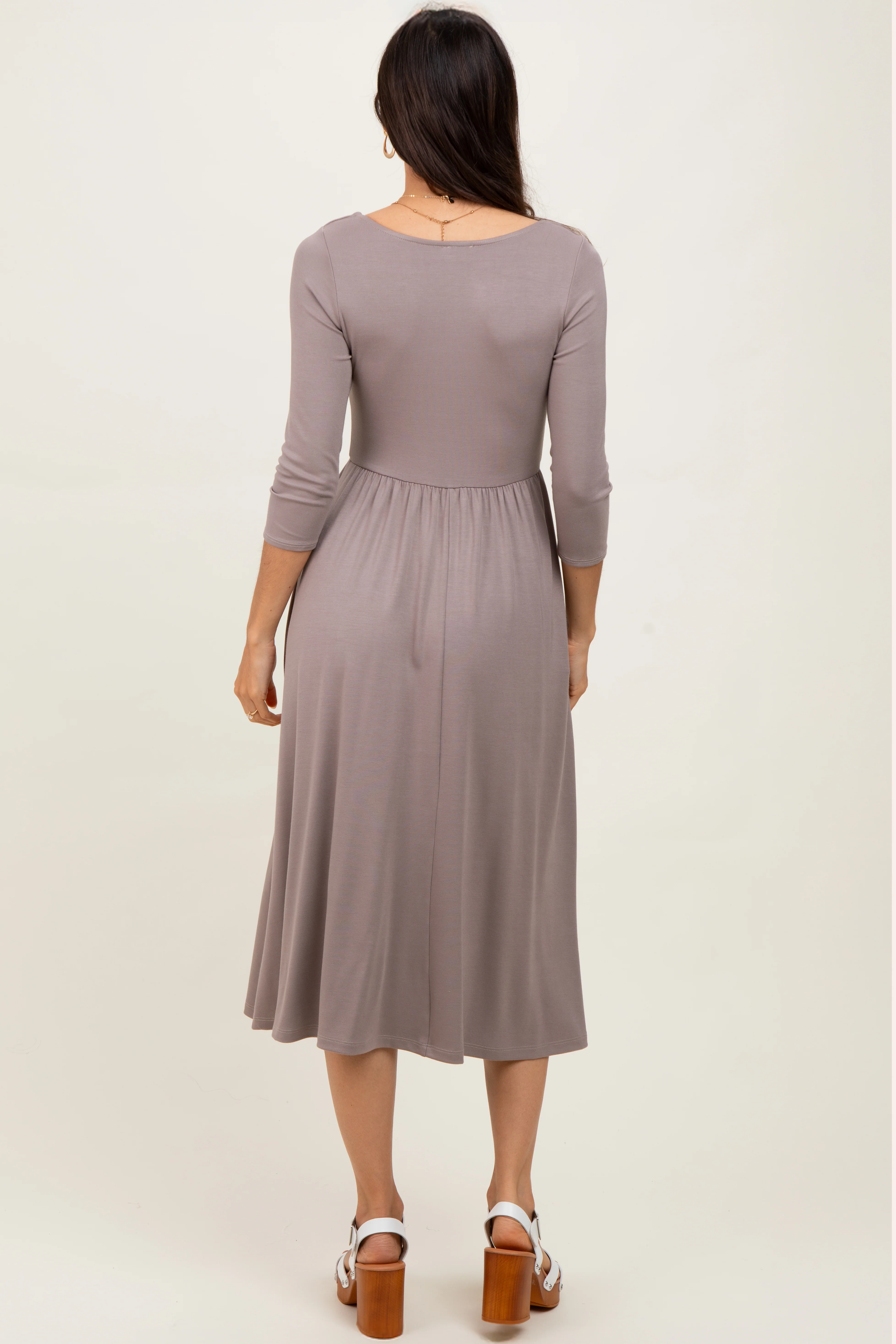 Mocha Square Neck 3/4 Sleeve Midi Dress - Image 4