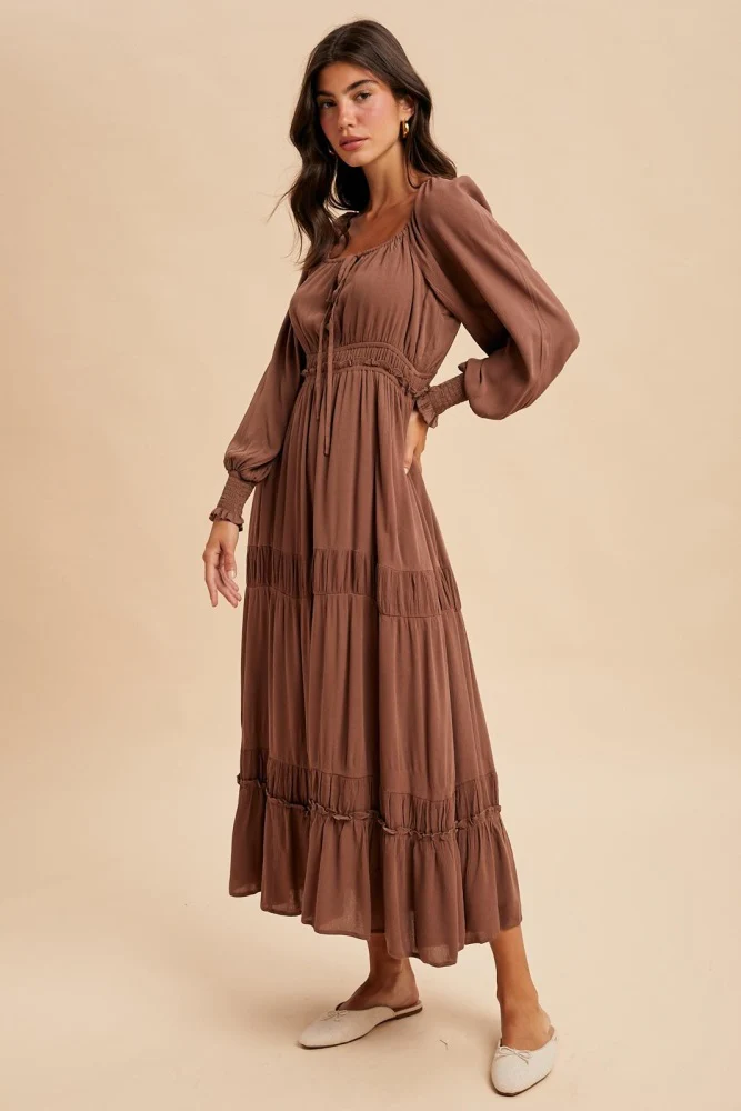 Mocha Square Neck Long Sleeve Maxi Dress - Image 3