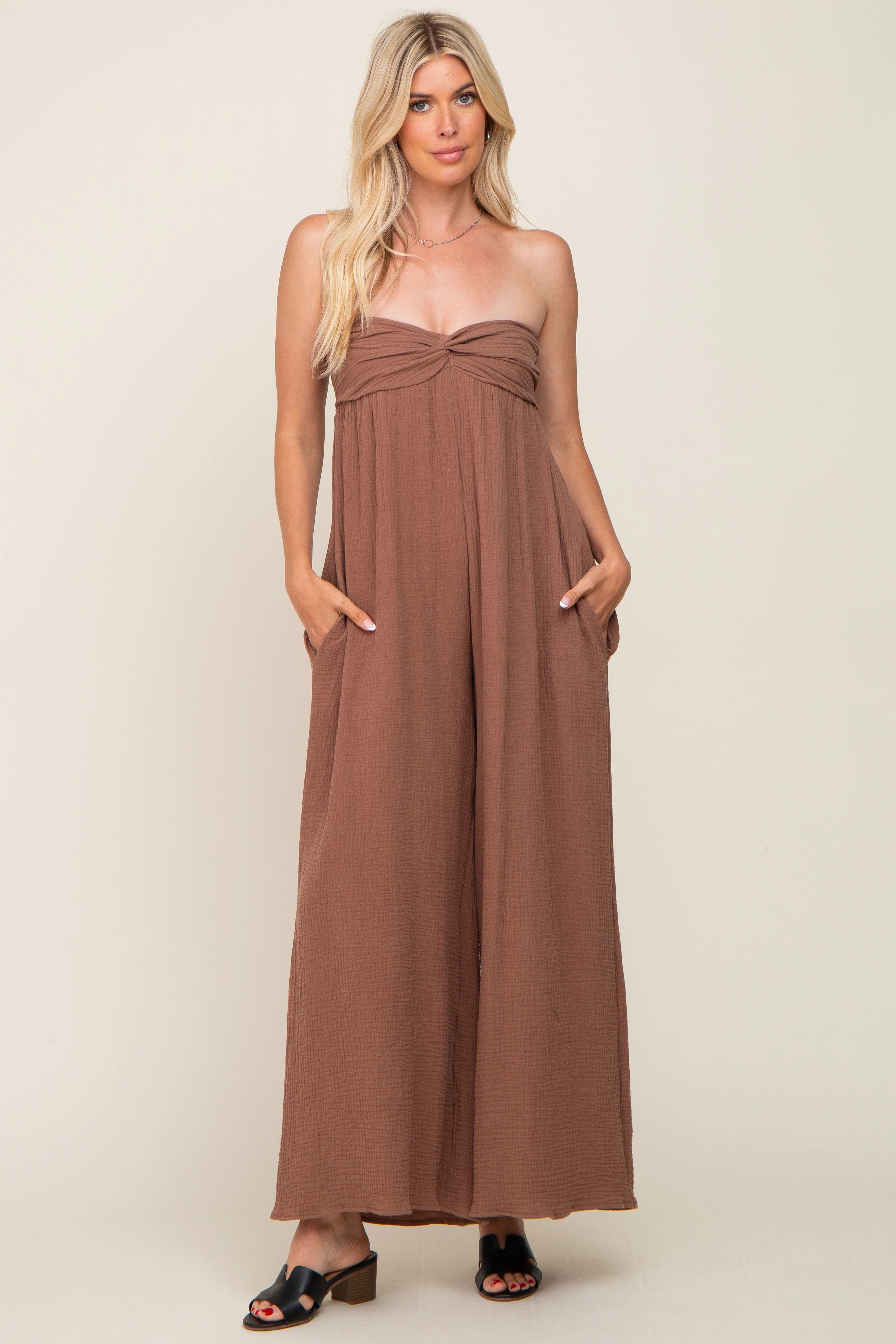 Mocha Strapless Front Twist Jumpsuit - Image 6