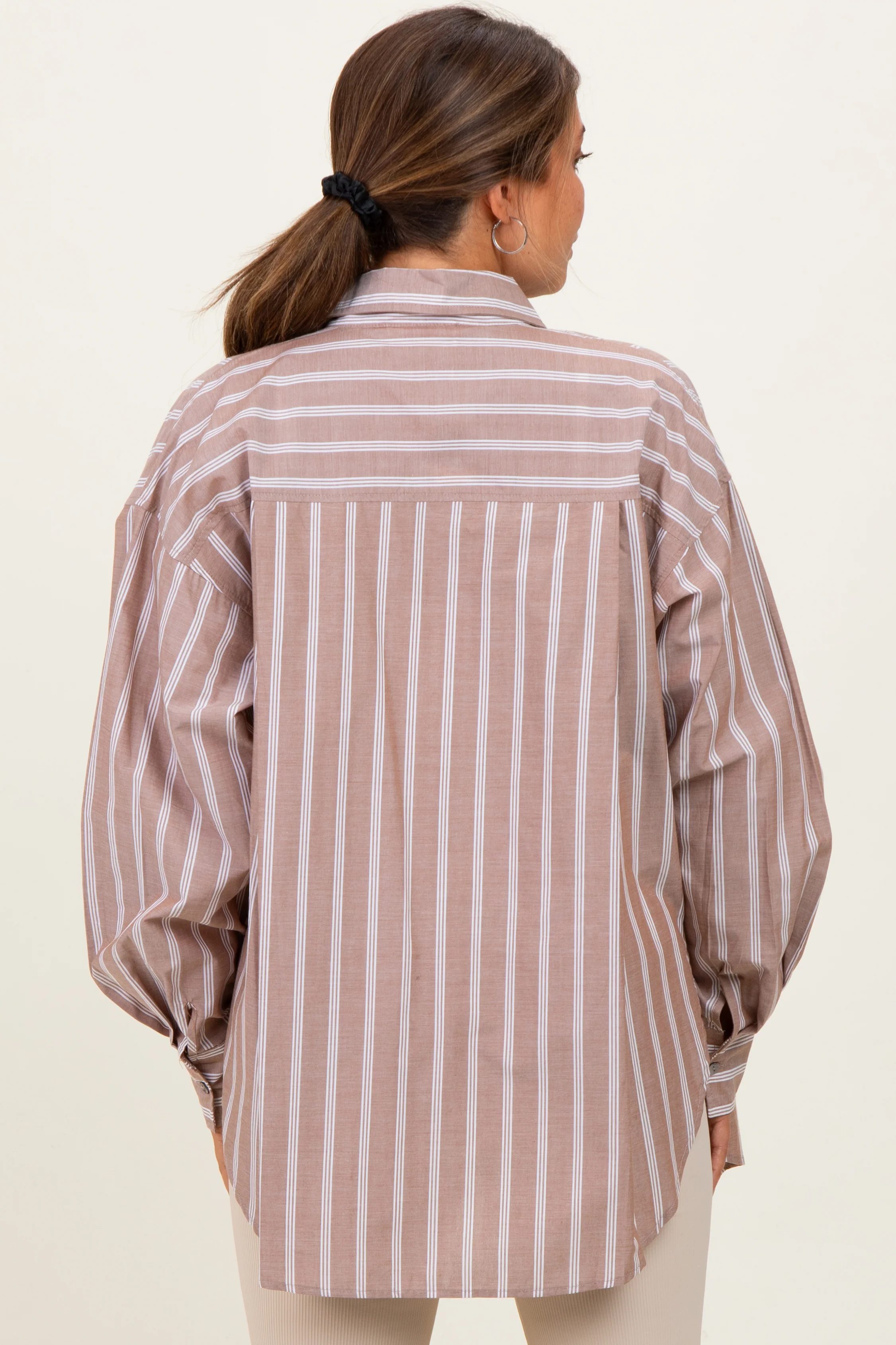 Mocha Striped Button Down Maternity Shirt - Image 4