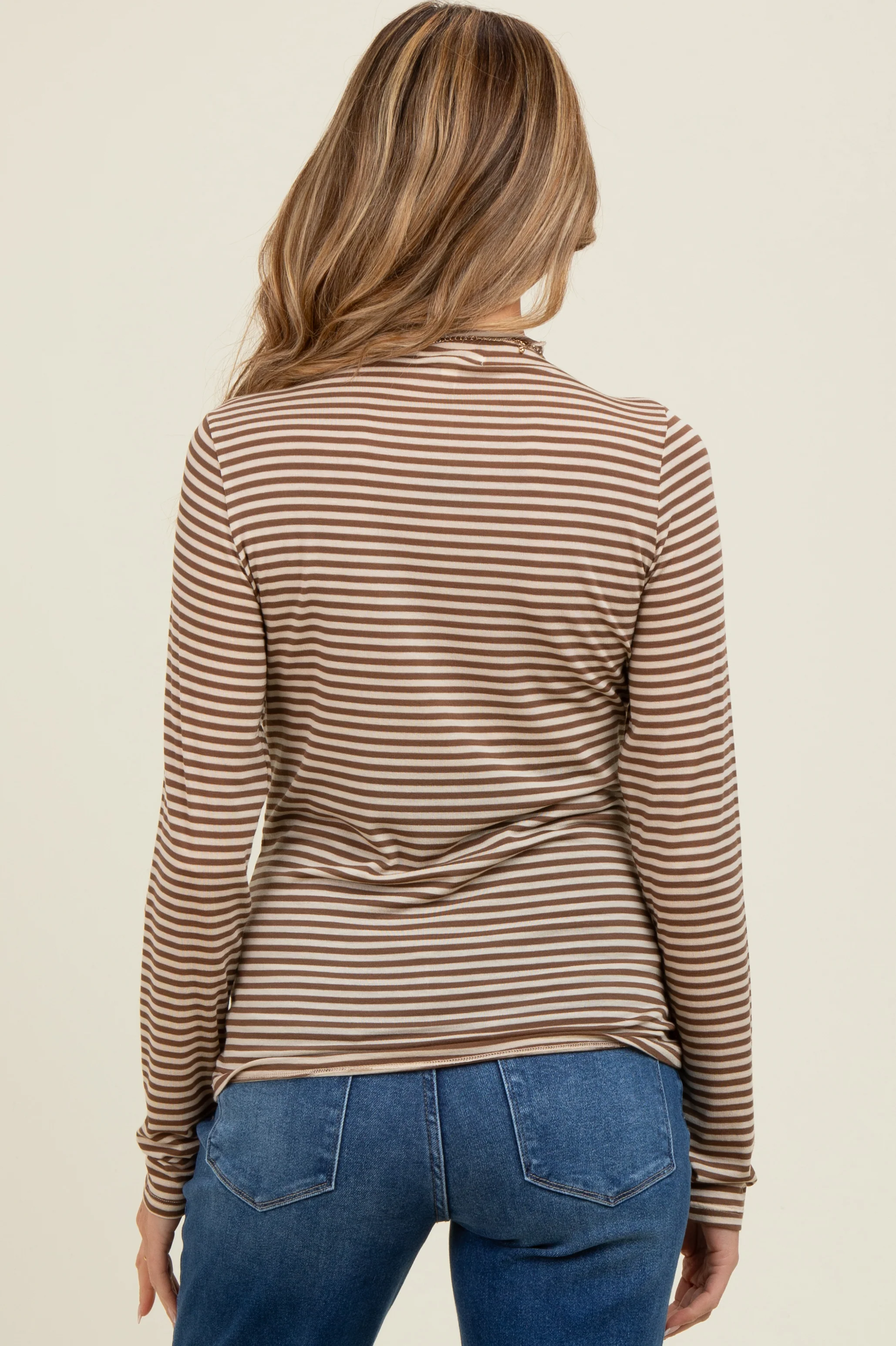 Mocha Striped High Neck Maternity Long Sleeve Top - Image 4