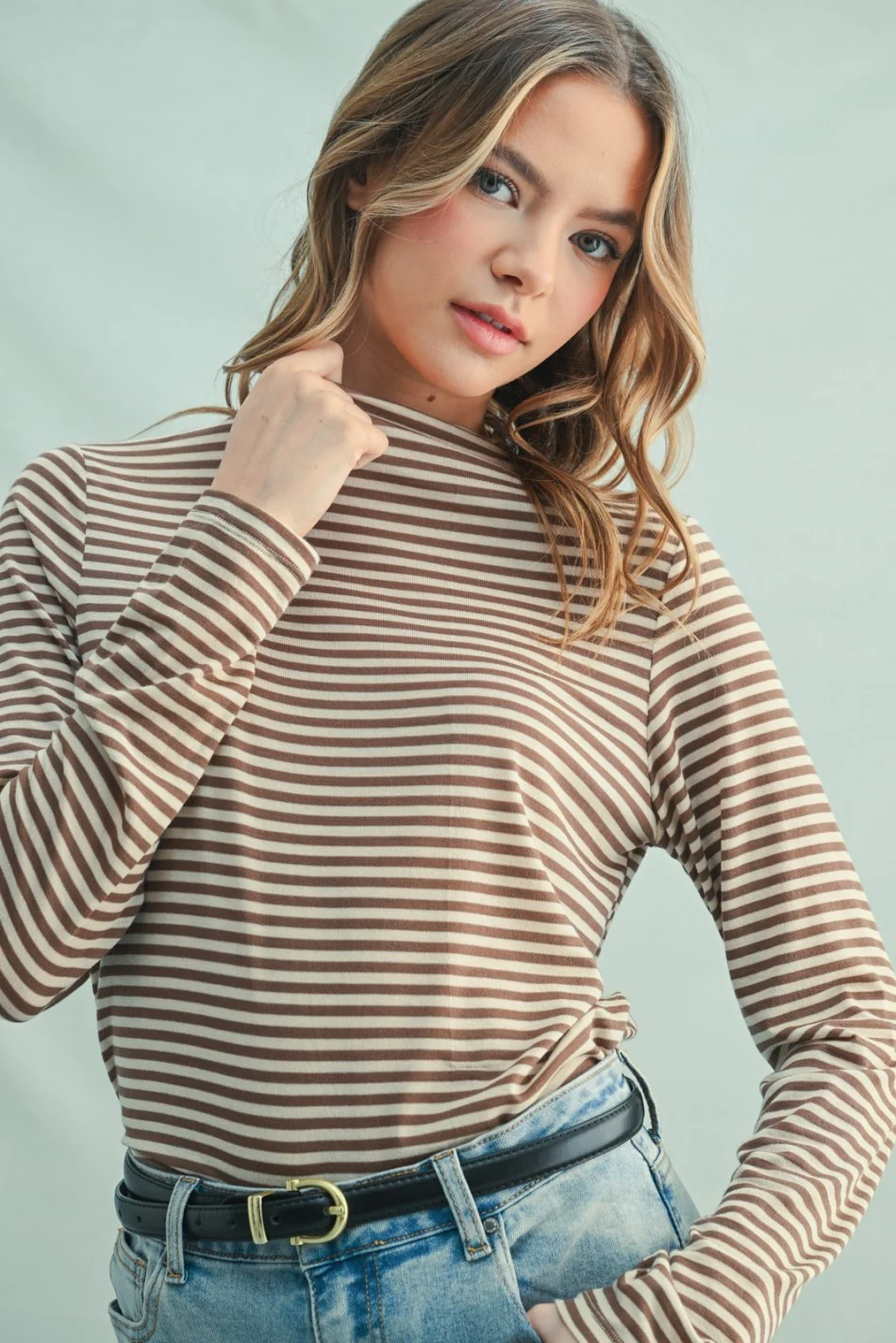 Mocha Striped High Neck Maternity Long Sleeve Top - Image 5