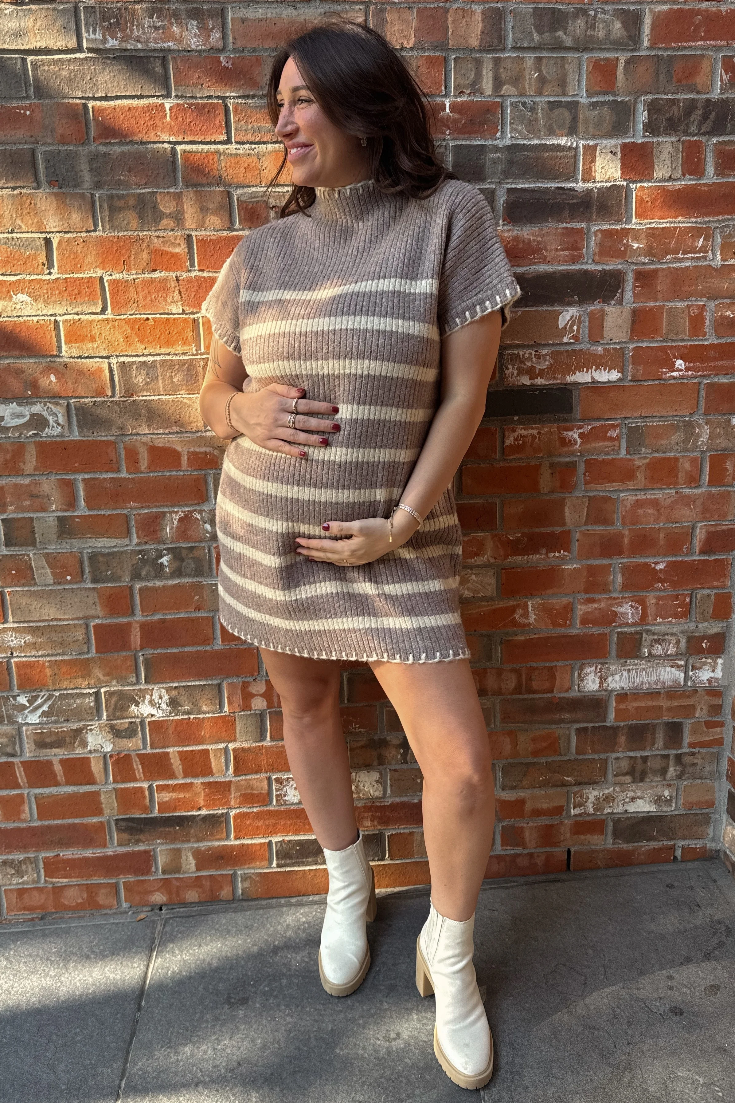Mocha Striped Knit Contrast Stitch Maternity Mini Dress - Image 7