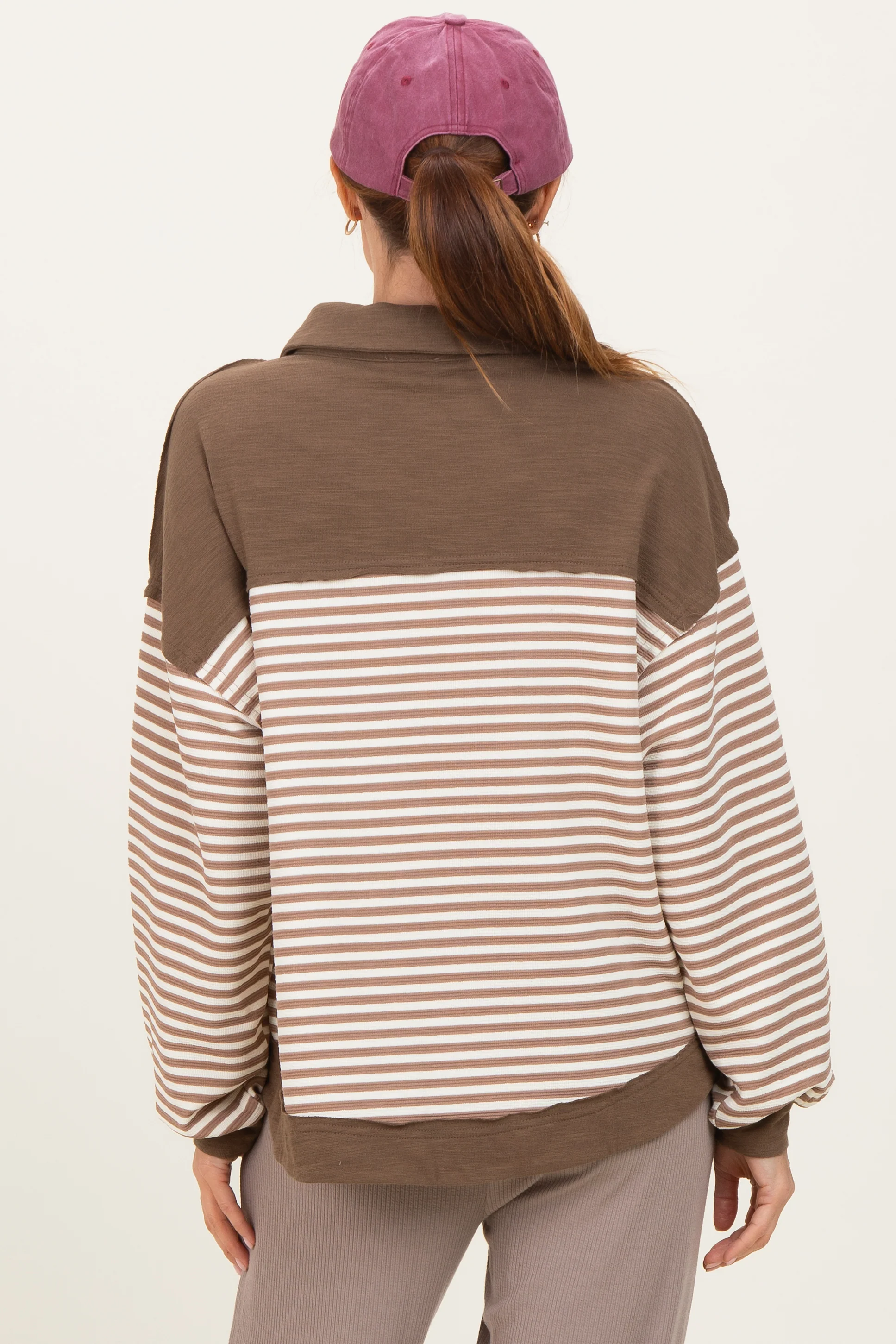 Mocha Striped Oversized Collared Pullover Top - Image 3