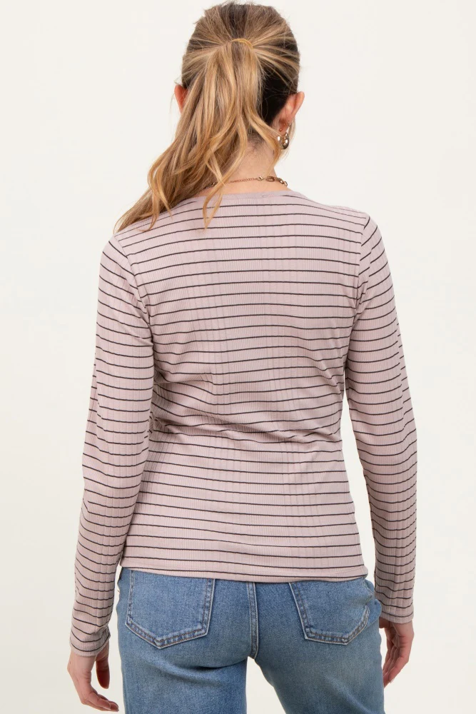 Mocha Striped Ribbed Long Sleeve Lace Detail Button Down Maternity Cardigan - Image 4