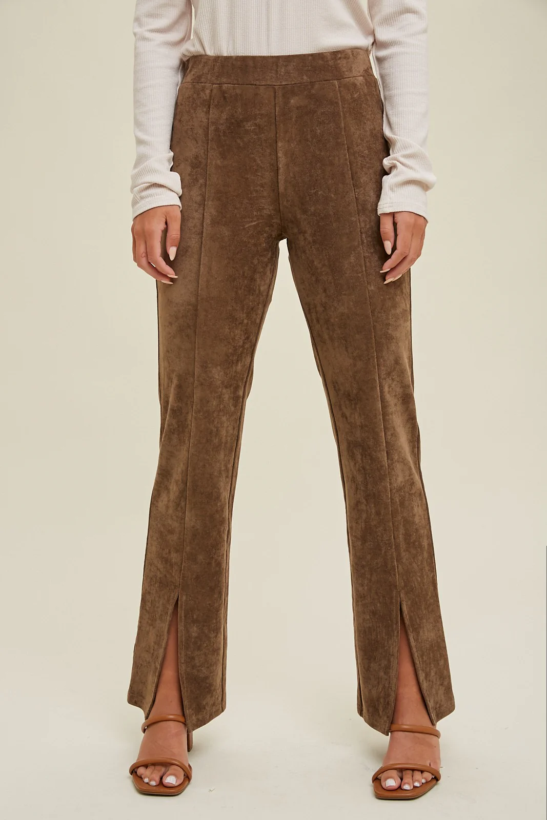 Mocha Suede Pants With Front Slit Detail - Image 2