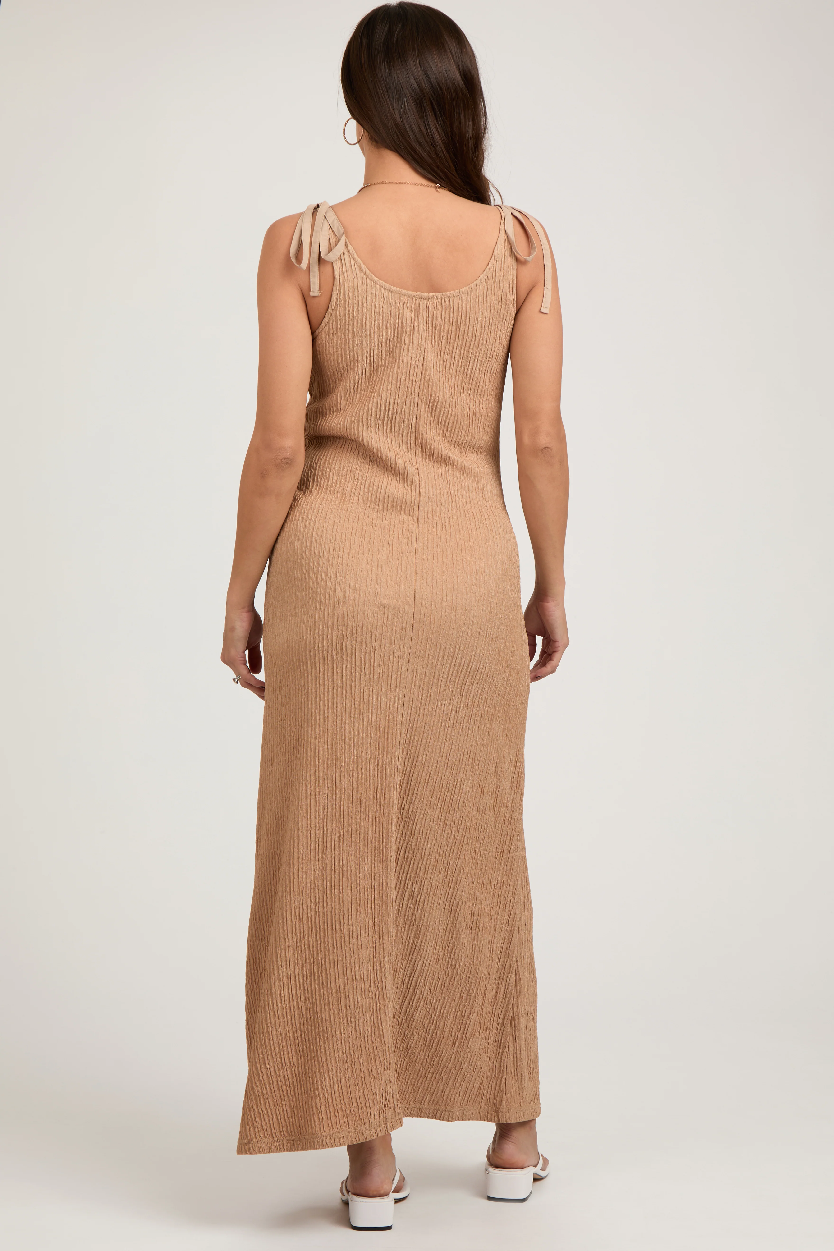 Mocha Textured Tie Strap Maternity Midi Dress - Image 3