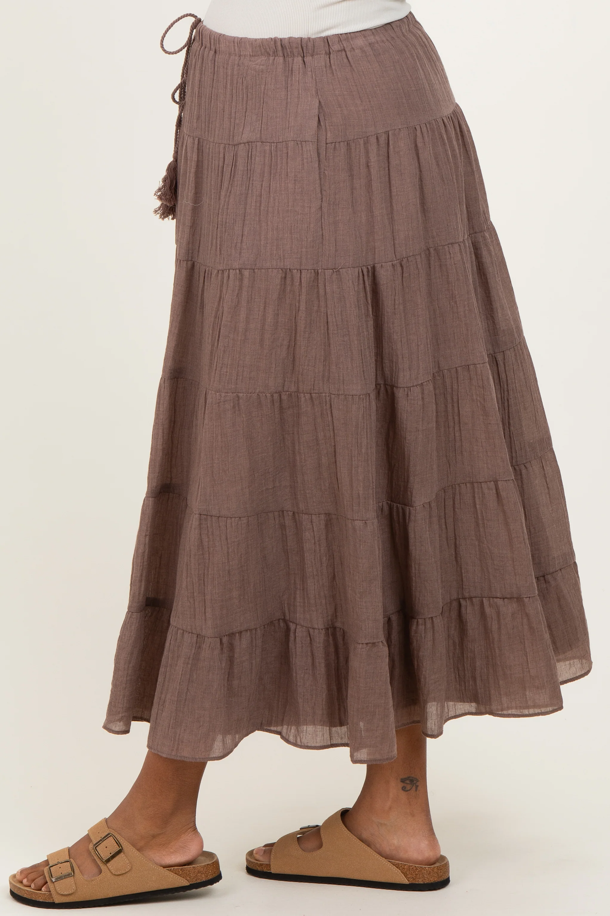 Mocha Tiered Drawstring Maternity Maxi Skirt - Image 3