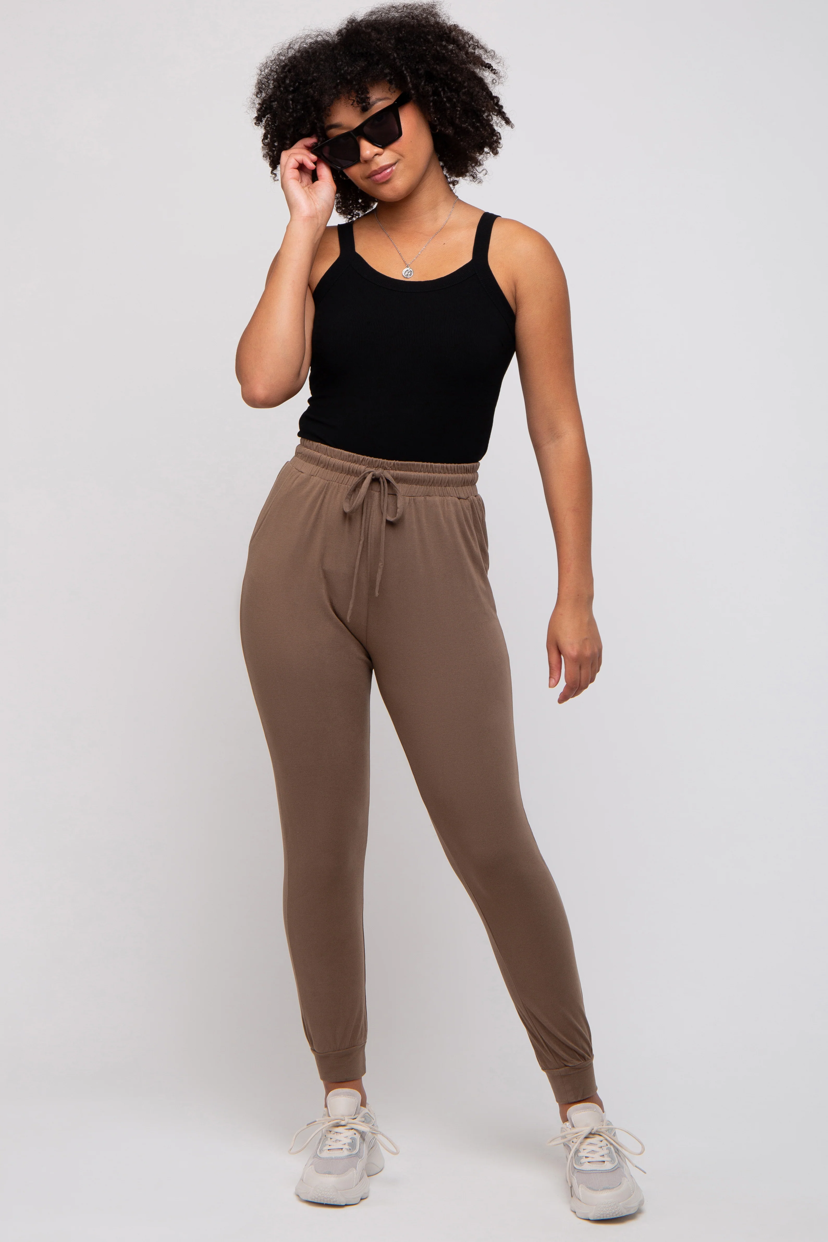 Mocha Ultra Soft Knit Drawstring Maternity Joggers - Image 6