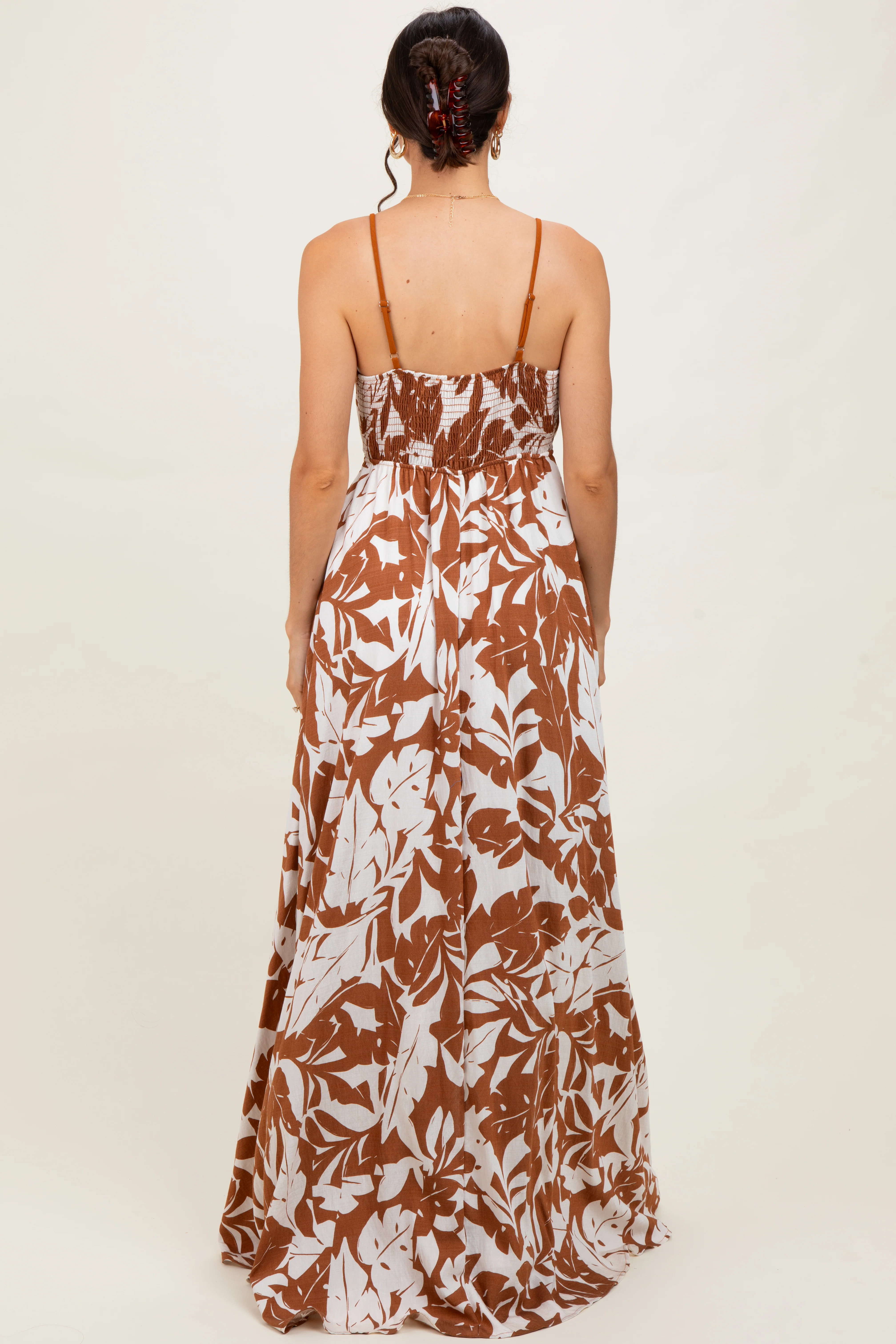 Mocha Vintage Floral Smocked Top Sleeveless Maxi Dress - Image 4