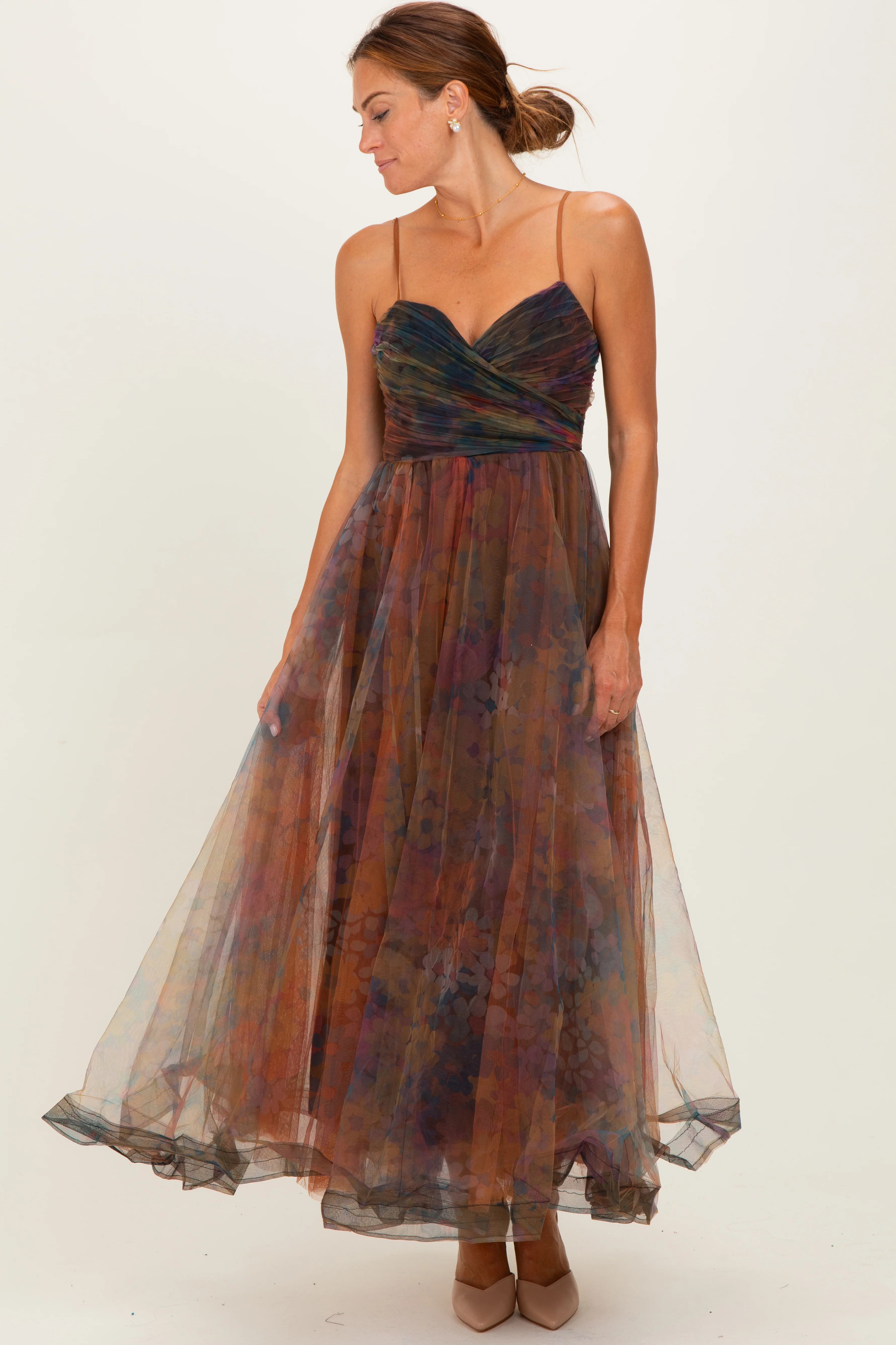 Multi Color Floral Mesh Tulle Overlay Maxi Dress - Image 2