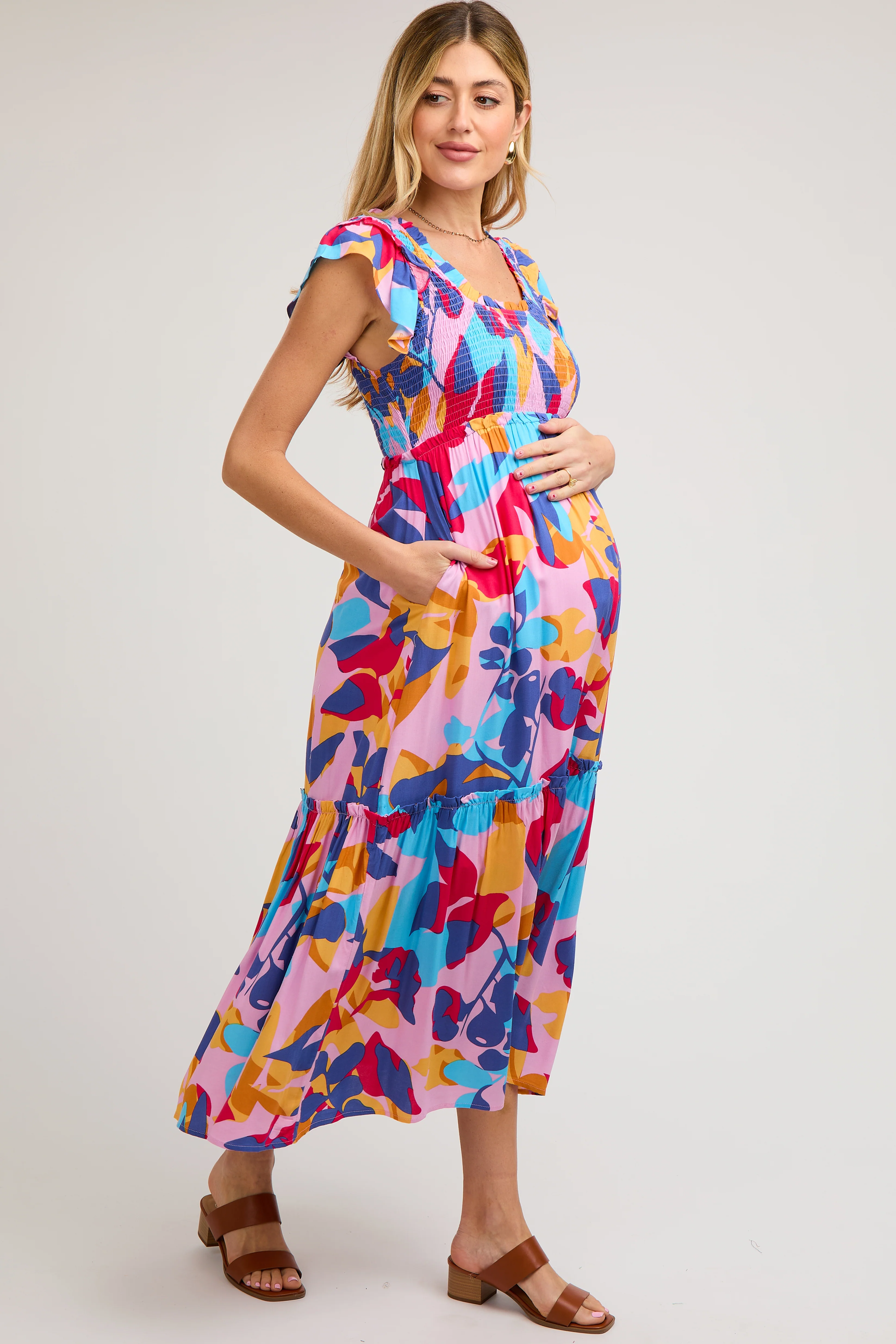Multi-Color Smocked Ruffle Maternity Midi Dress - Image 3