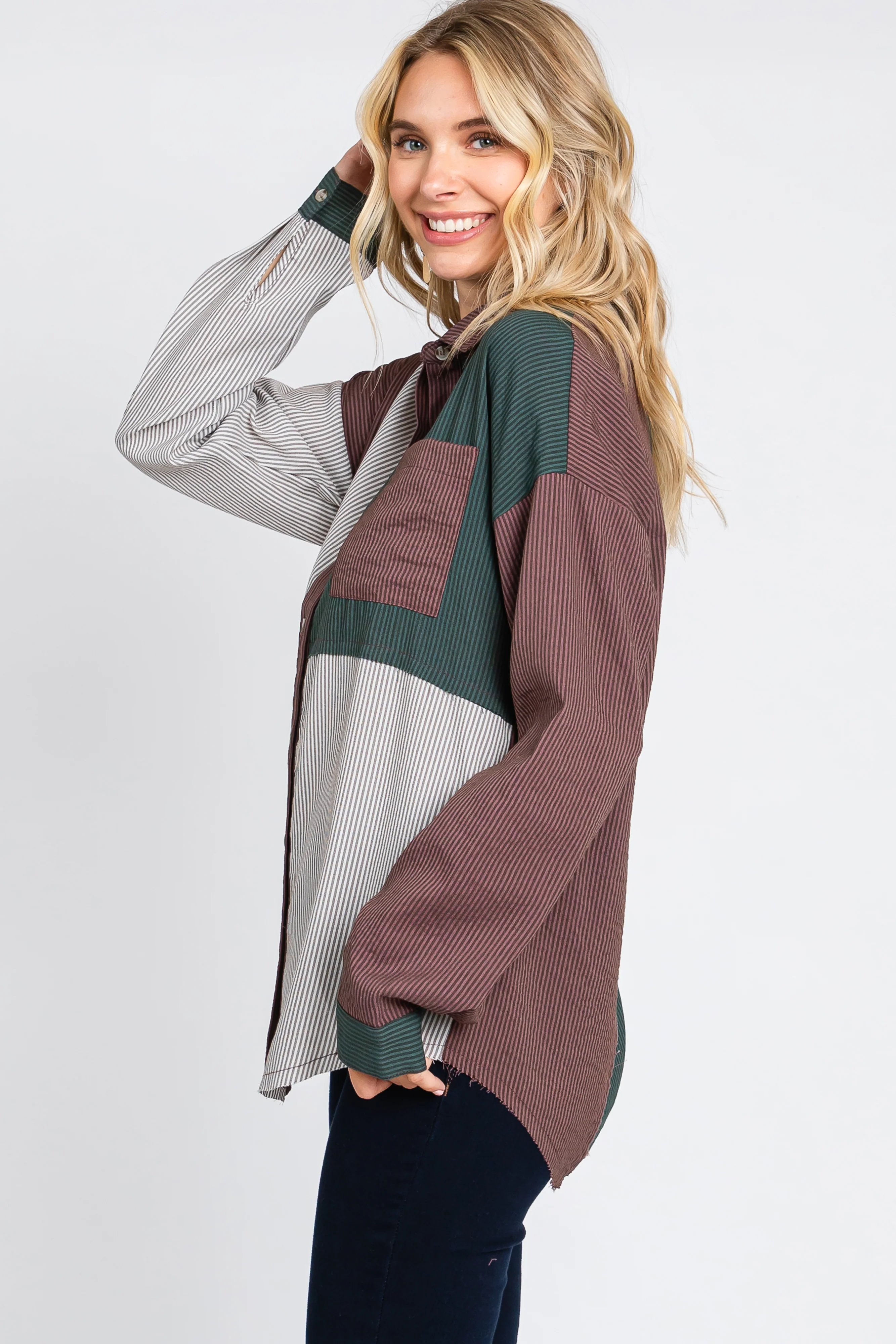 Multi-Color Striped Color Blocked Button-Down Top - Image 3